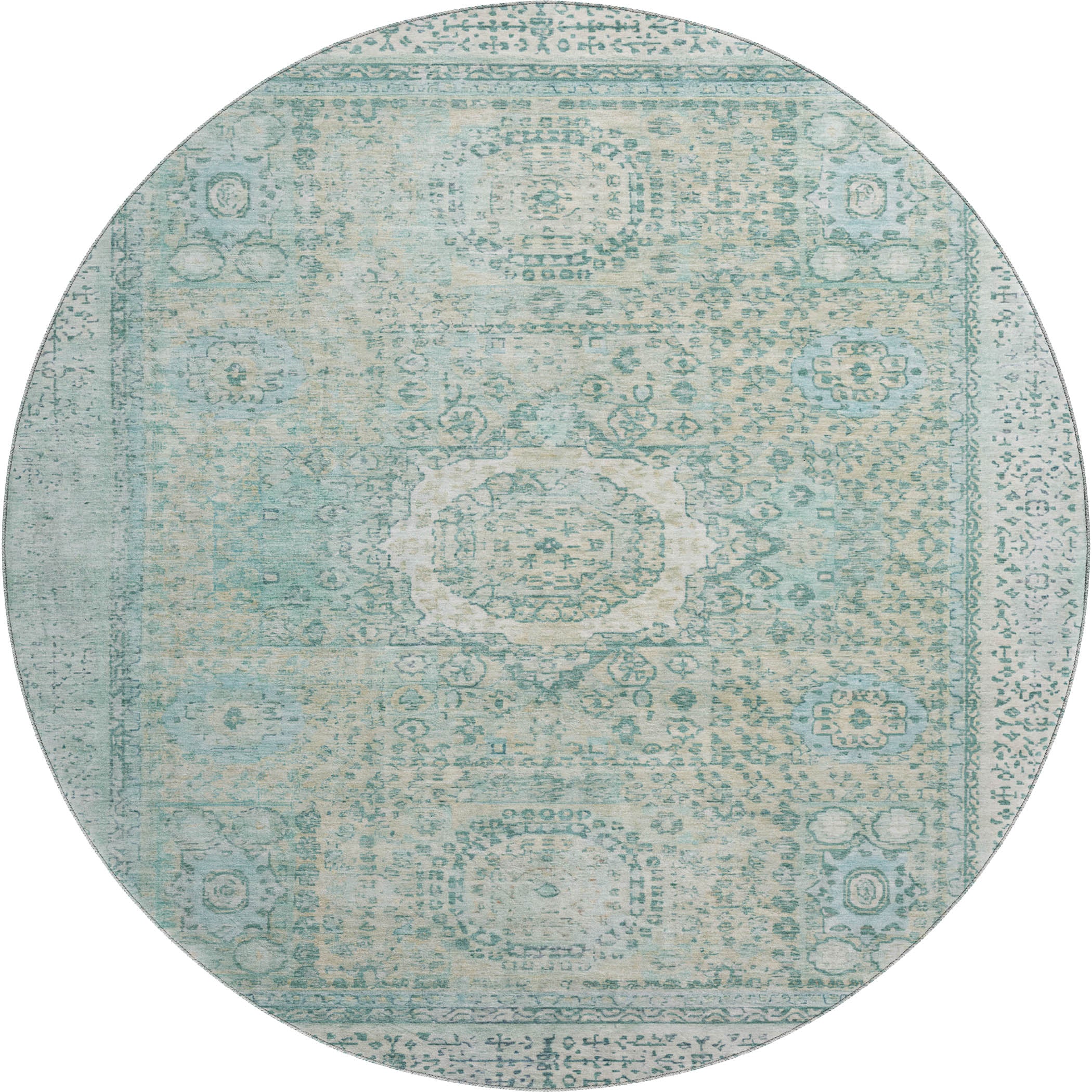 Budapest Machine Washable Traditional Turquoise Teal Rug 8' x 8' #shape_Round