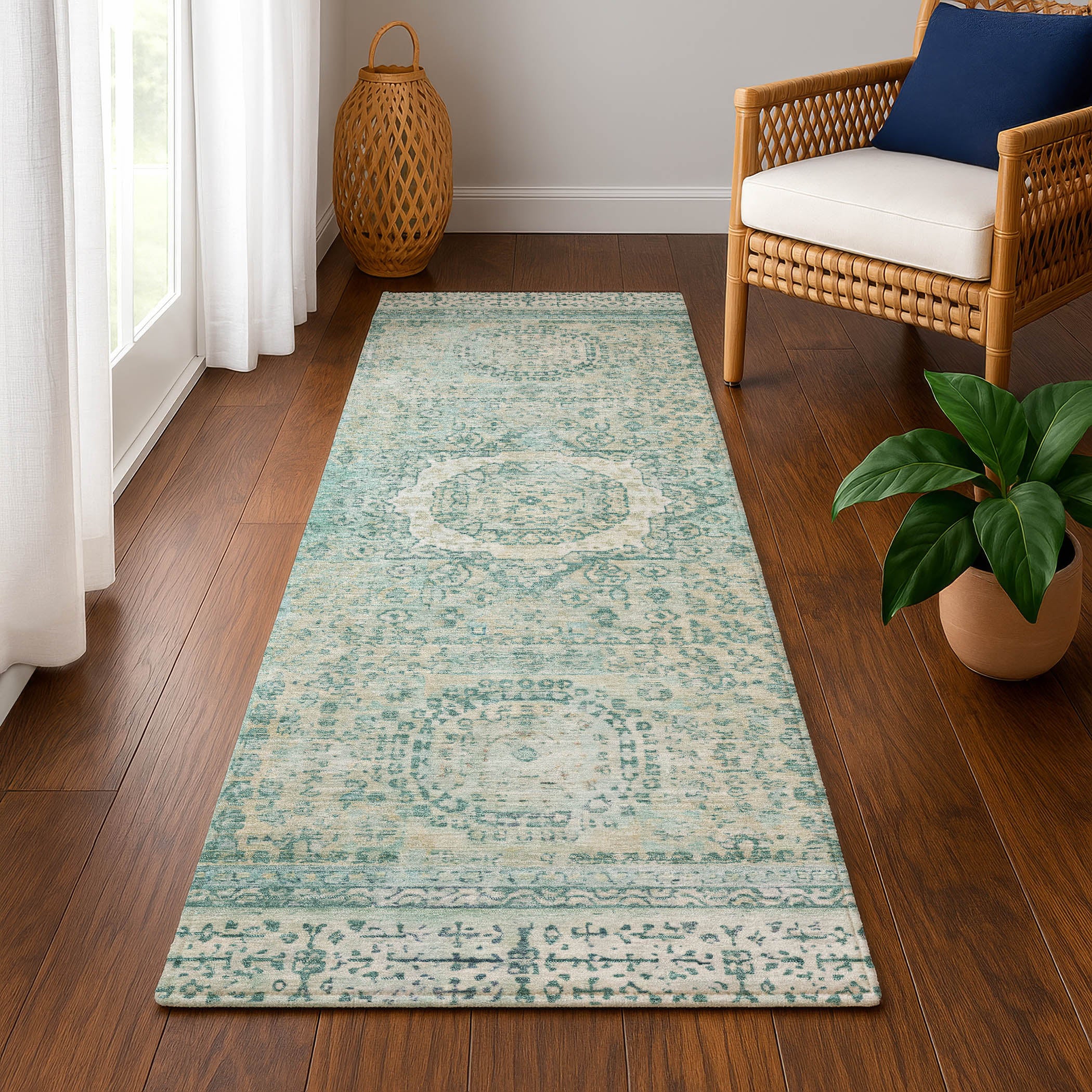 Budapest Machine Washable Traditional Turquoise Teal Rug 2'3" x 7'6" #shape_Runner