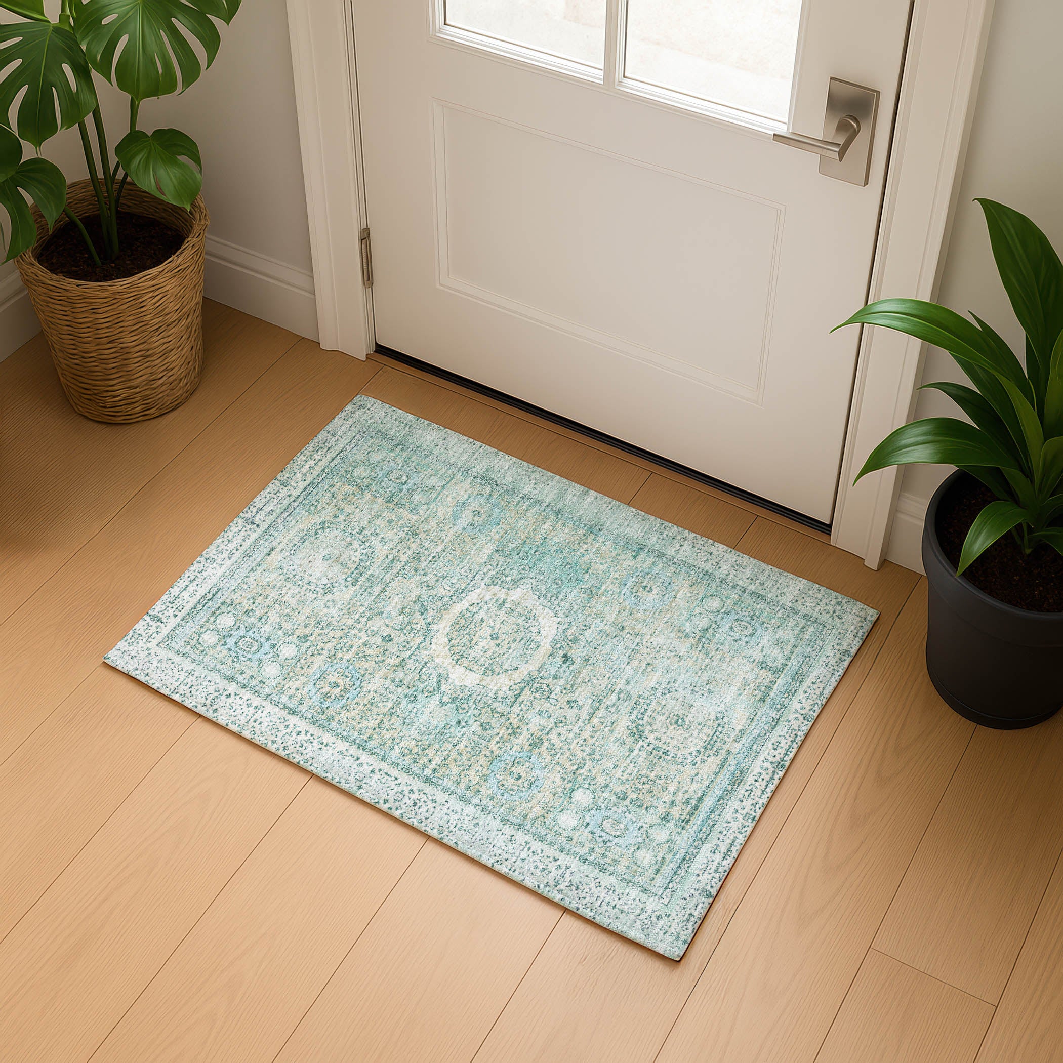 Budapest Machine Washable Traditional Turquoise Teal Rug 1'8" x 2'6" #shape_Rectangle