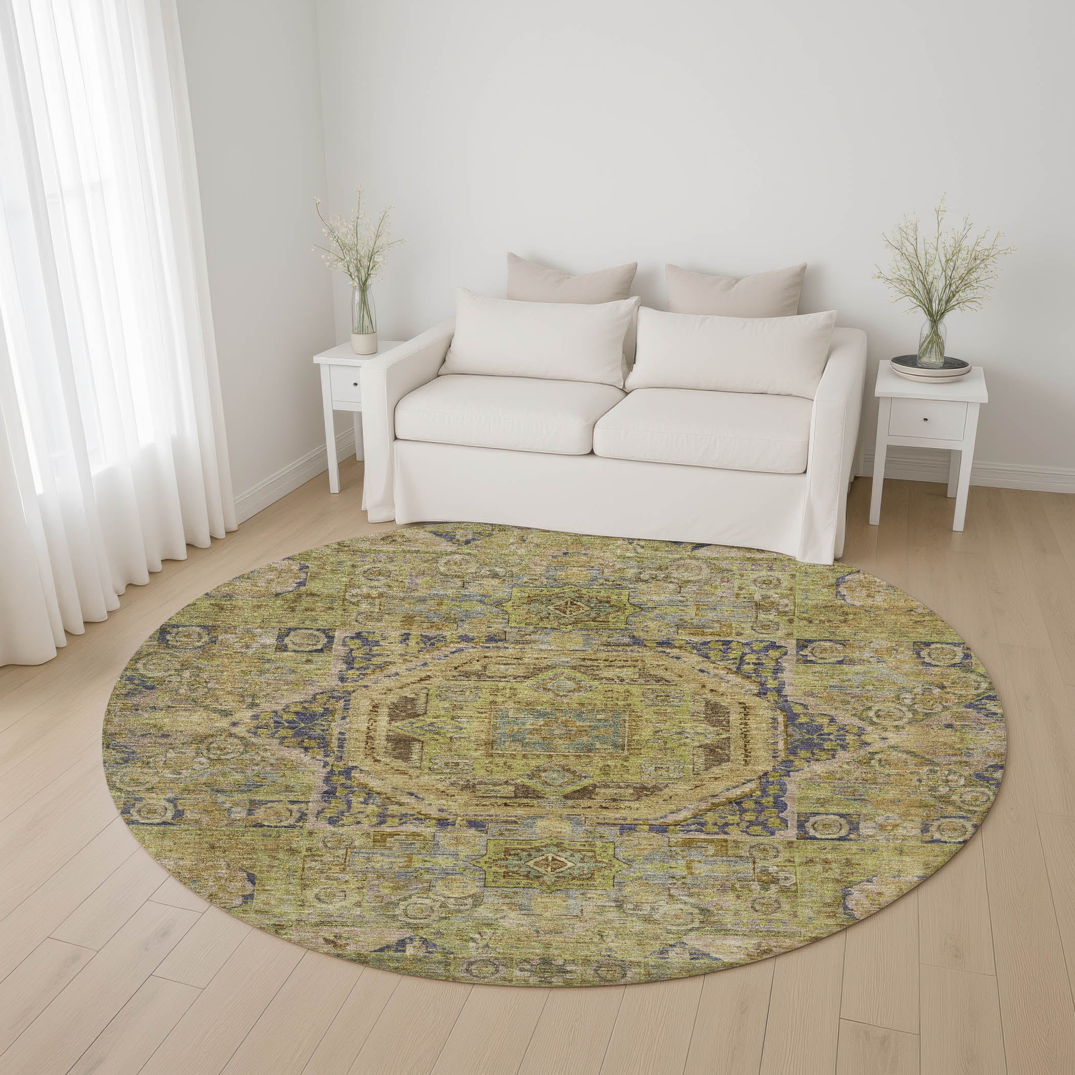 Dublin Machine Washable Traditional Aloe Green Rug 8' x 8' #shape_Round