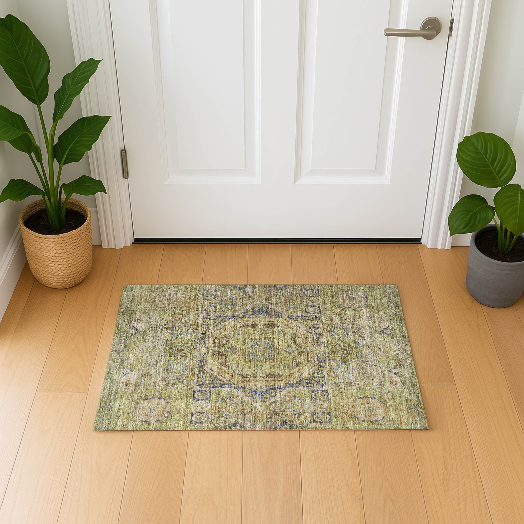 Dublin Machine Washable Traditional Aloe Green Rug 1'8" x 2'6" #shape_Rectangle
