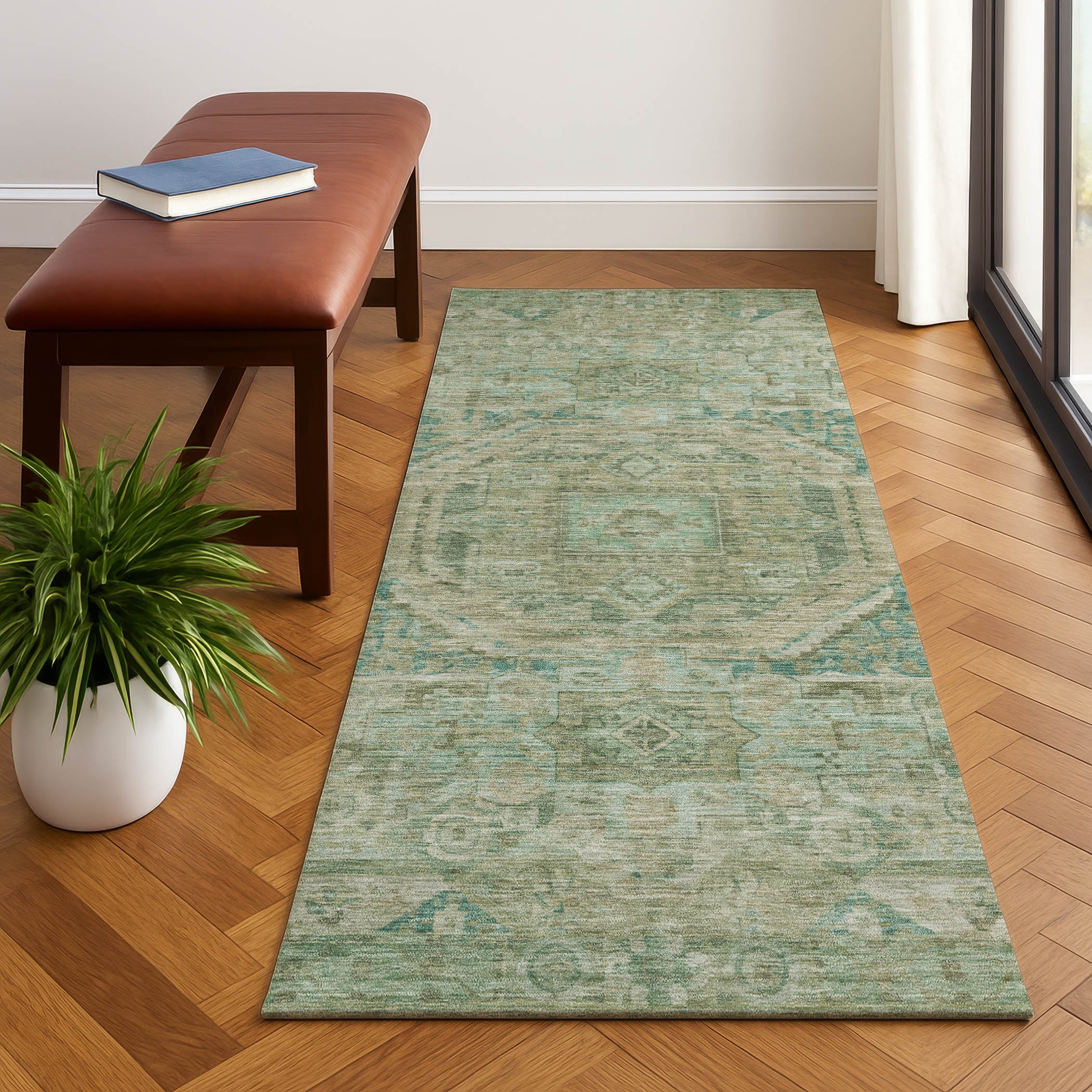 Dublin Machine Washable Traditional Sage Green Rug 2'3" x 7'6" #shape_Runner