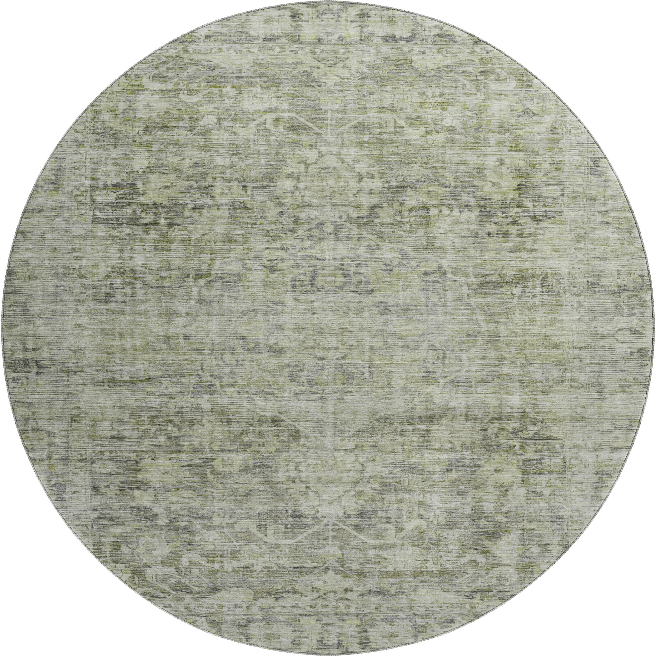 Seoul Machine Washable Traditional Aloe Green Rug 8' x 8' #shape_Round
