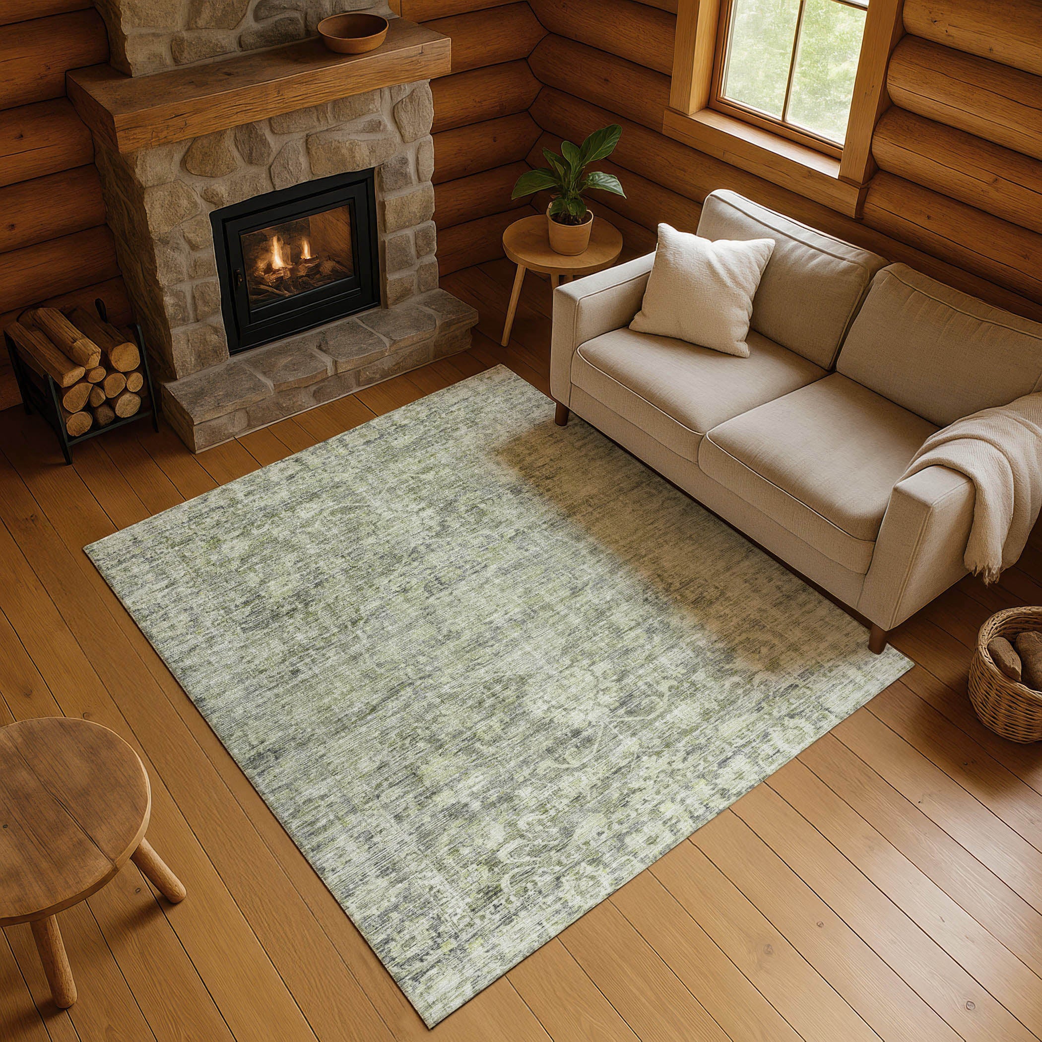 Seoul Machine Washable Traditional Aloe Green Rug 2'6" x 3'10" #shape_Rectangle
