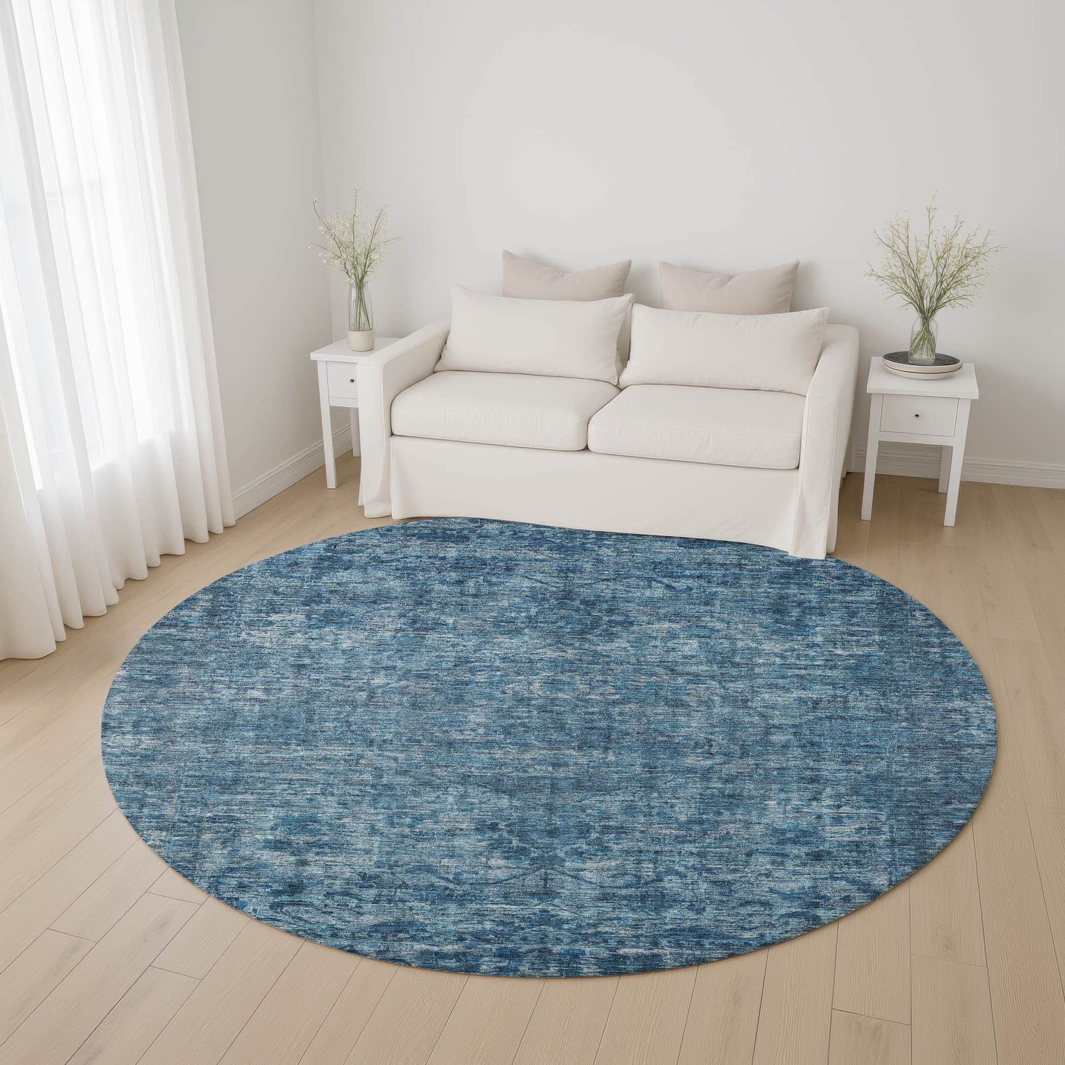 Seoul Machine Washable Traditional Blue Rug 8' x 8' #shape_Round