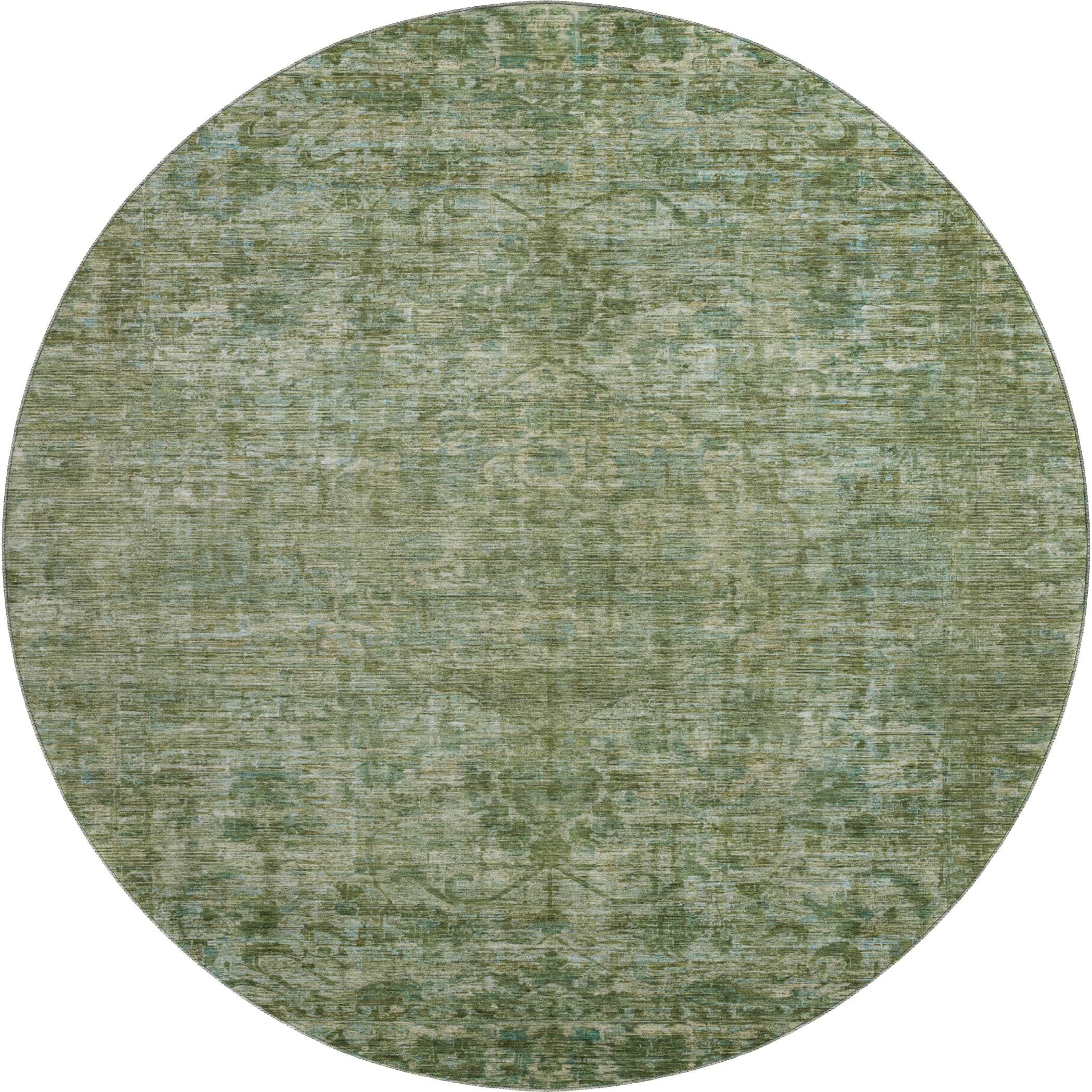 Seoul Machine Washable Traditional Olive Green Rug 8' x 8' #shape_Round