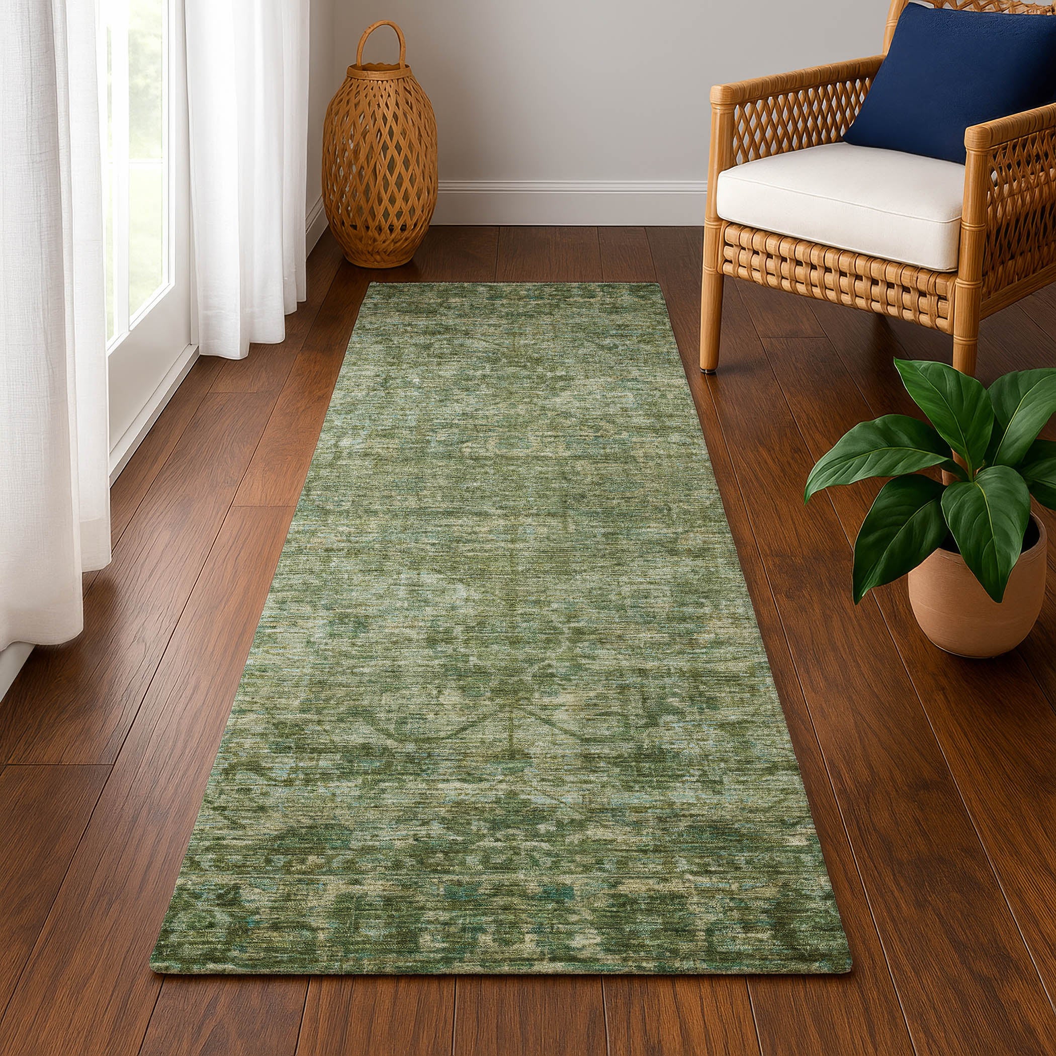 Seoul Machine Washable Traditional Olive Green Rug 2'3" x 7'6" #shape_Runner