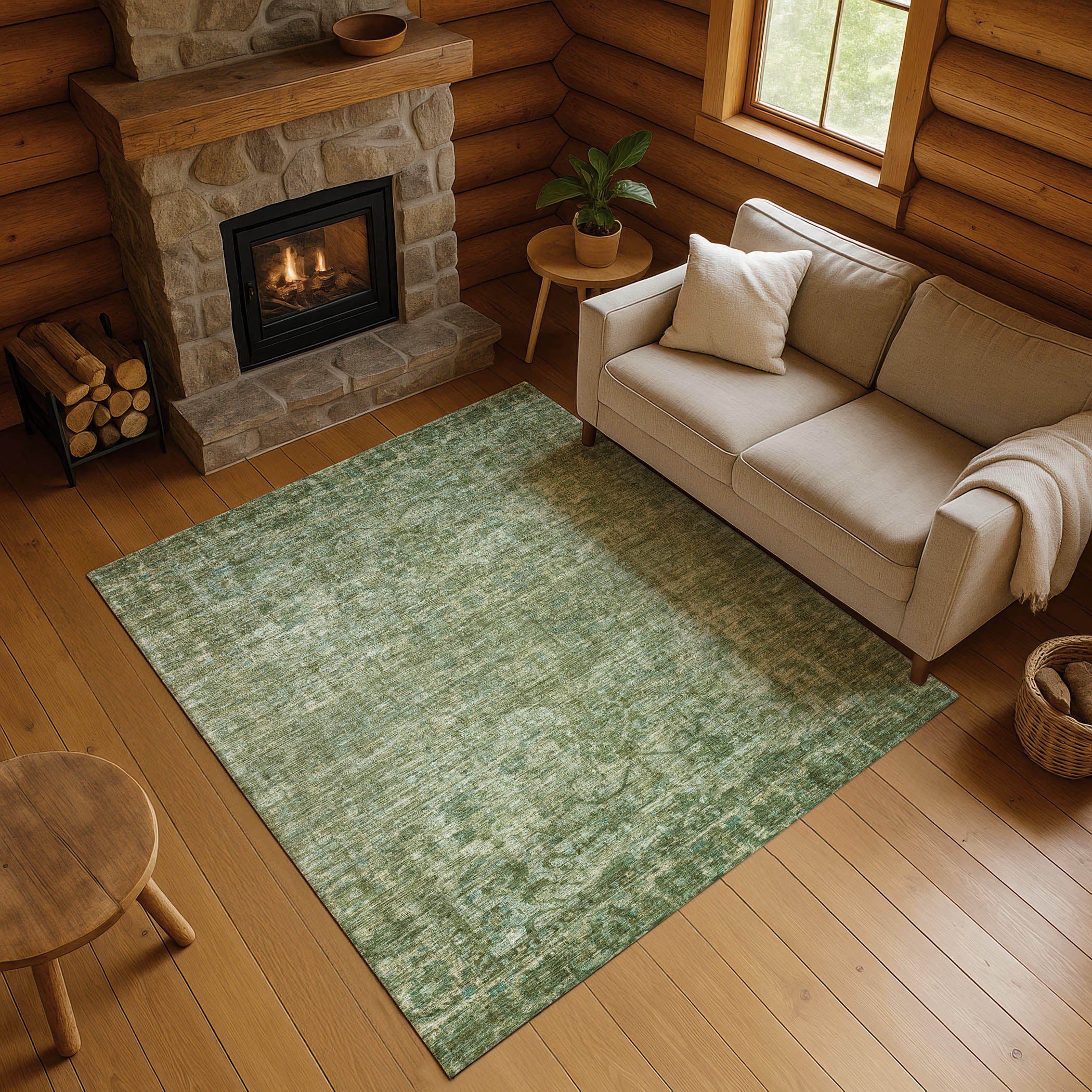 Seoul Machine Washable Traditional Olive Green Rug 2'6" x 3'10" #shape_Rectangle