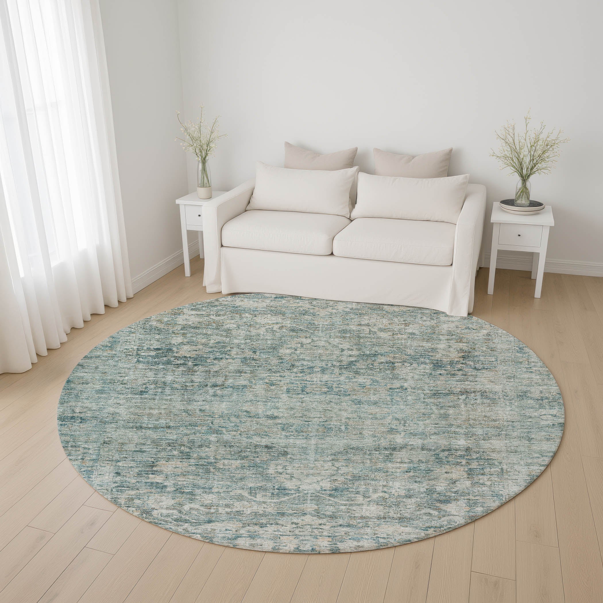 Seoul Machine Washable Traditional Teal Rug 8' x 8' #shape_Round