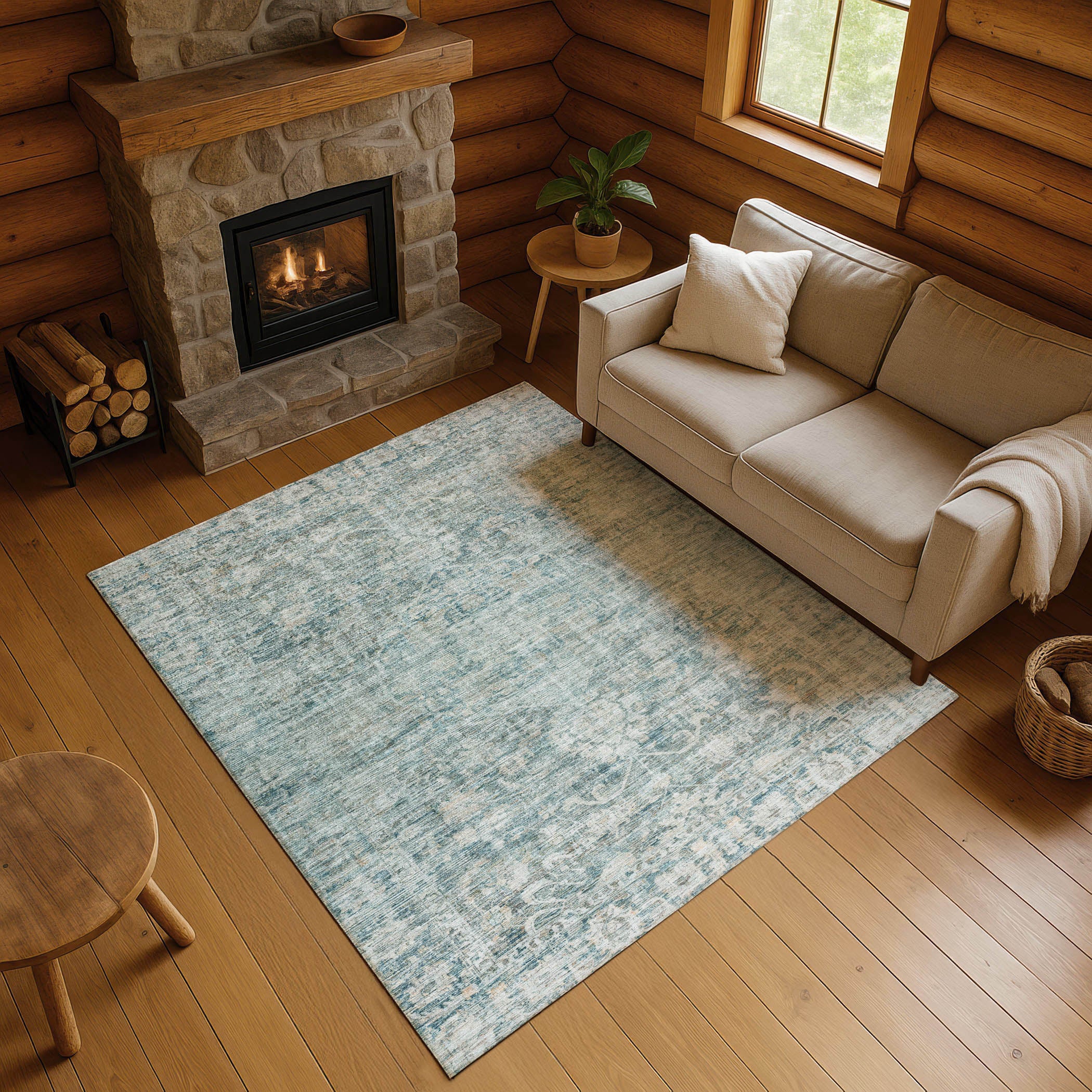 Seoul Machine Washable Traditional Teal Rug 2'6" x 3'10" #shape_Rectangle