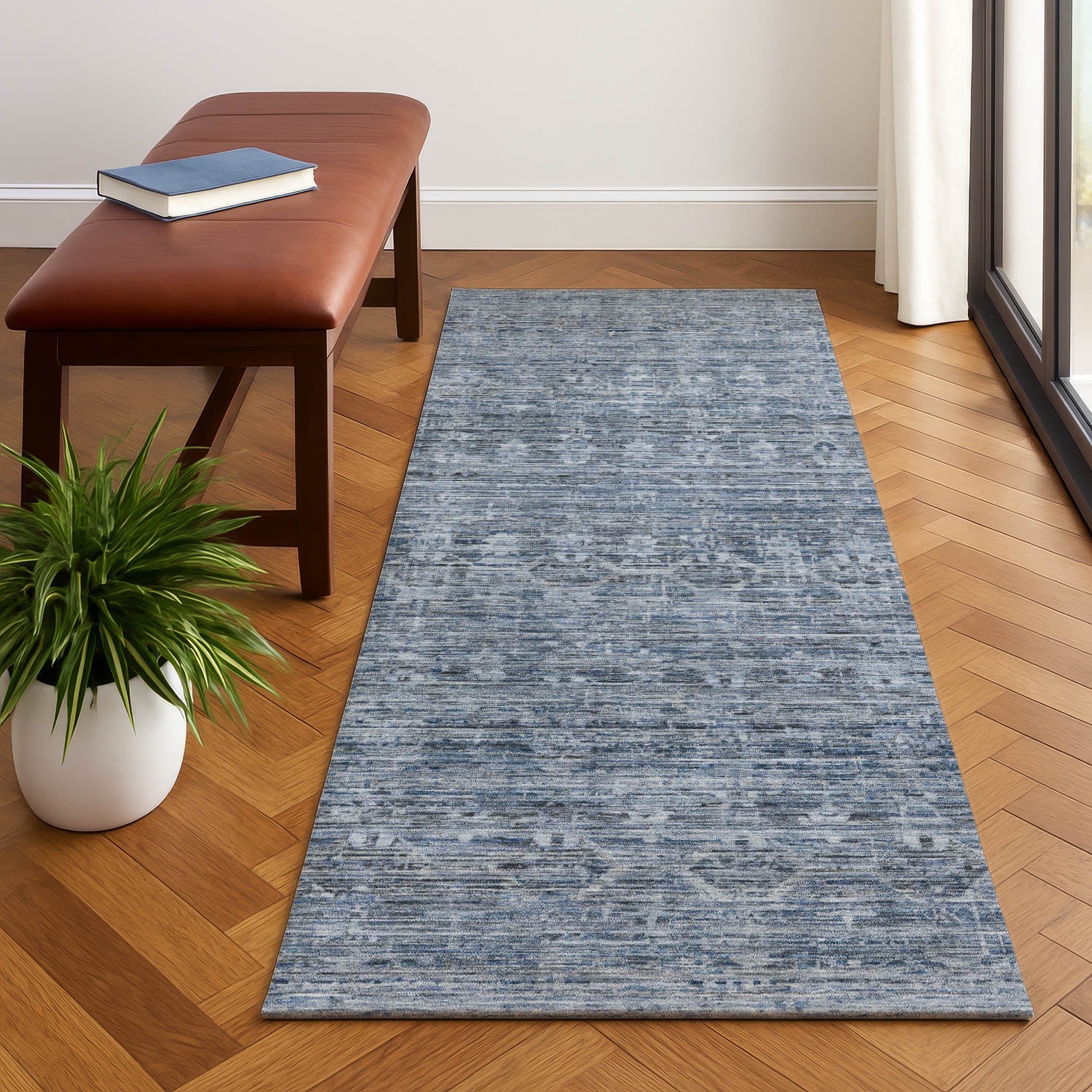 Seville Machine Washable Transitional Blue Rug 2'3" x 7'6" #shape_Runner