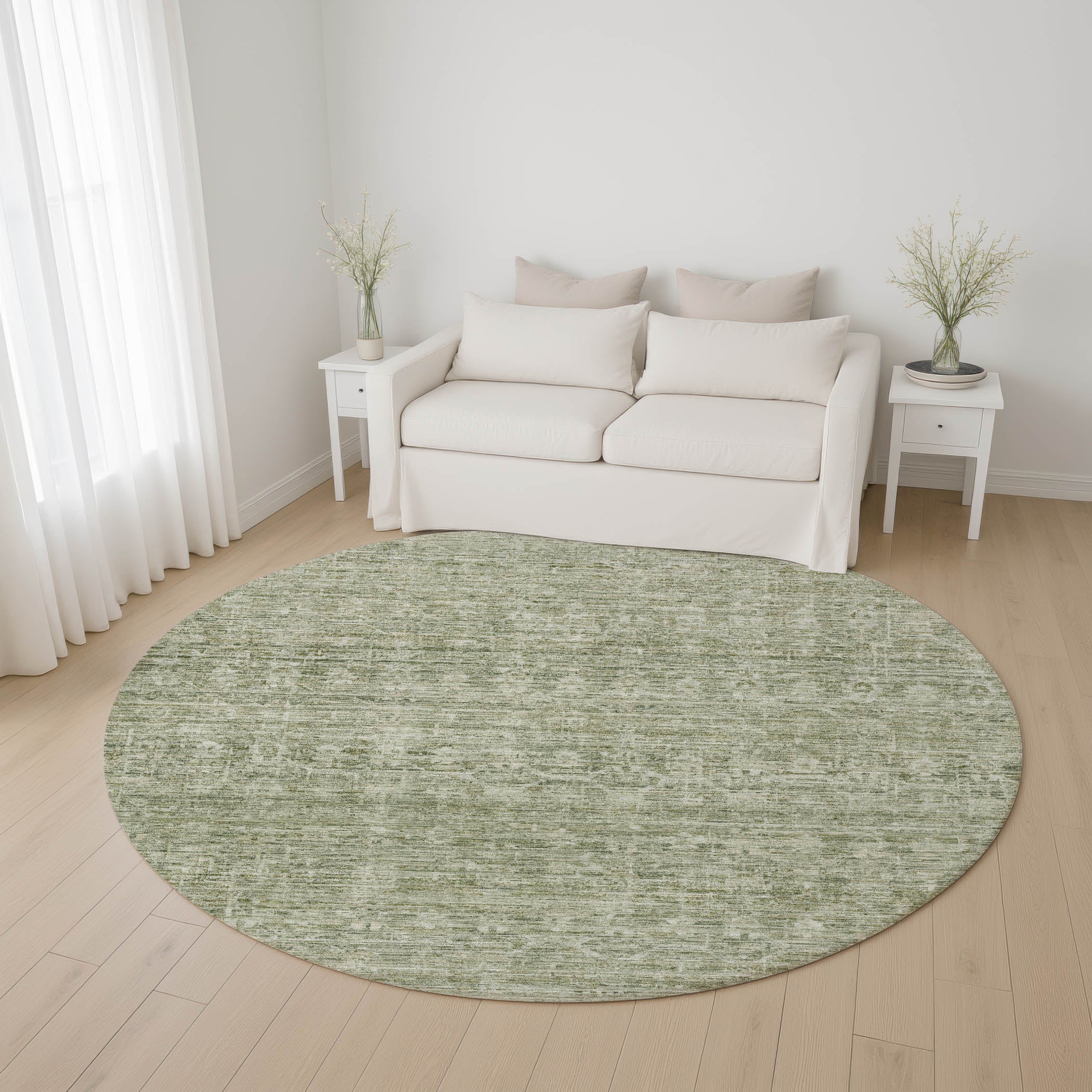 Seville Machine Washable Transitional Sage Green Rug 8' x 8' #shape_Round