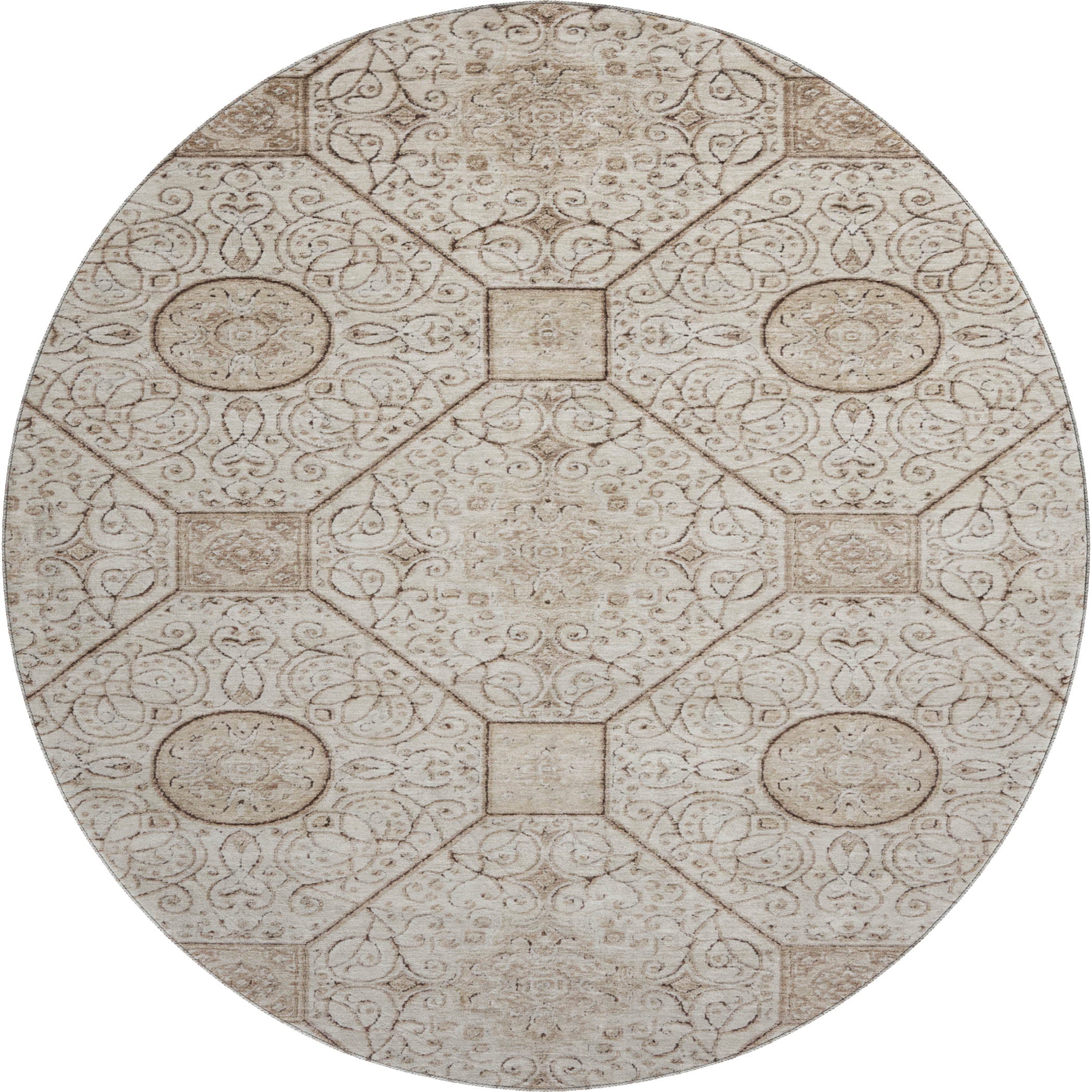 Bruges Machine Washable Transitional Beige Brown Rug 8' x 8' #shape_Round