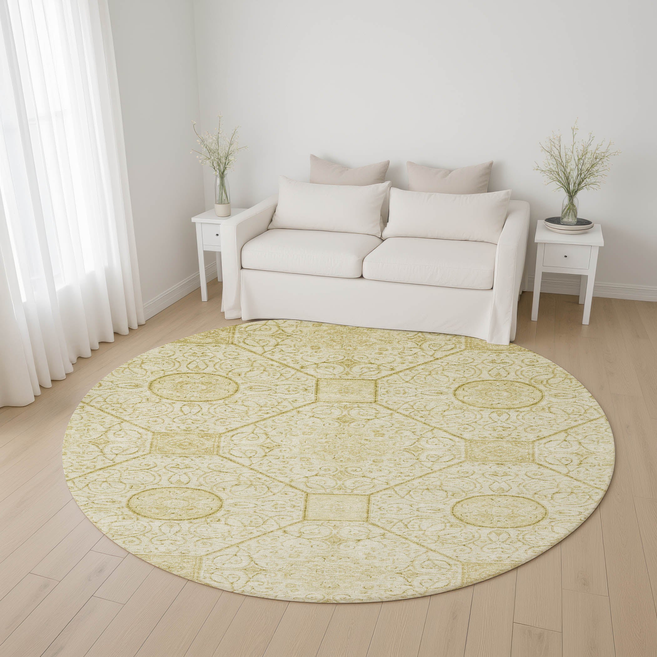 Bruges Machine Washable Transitional Wheat Gold Rug 8' x 8' #shape_Round