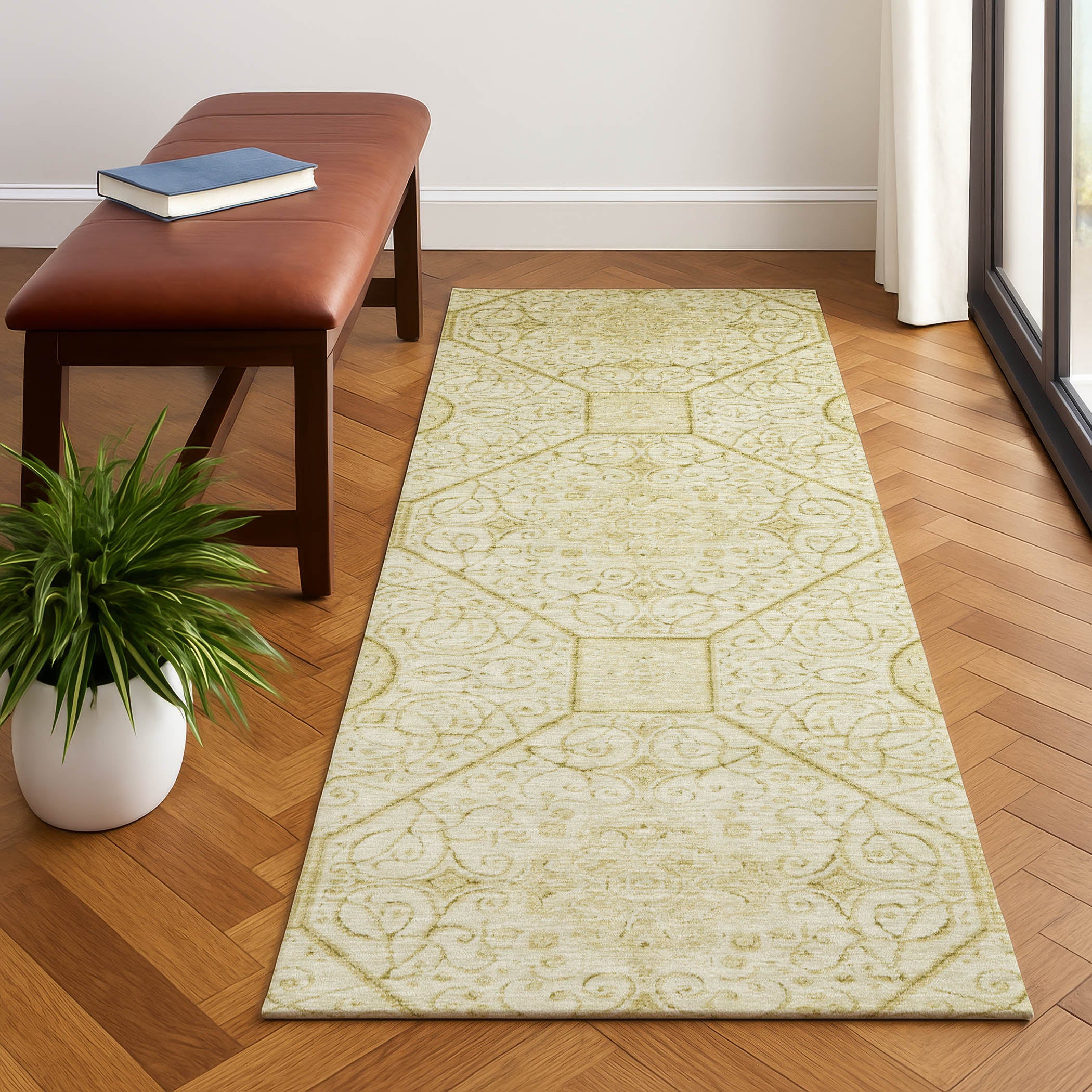Bruges Machine Washable Transitional Wheat Gold Rug 2'3" x 7'6" #shape_Runner