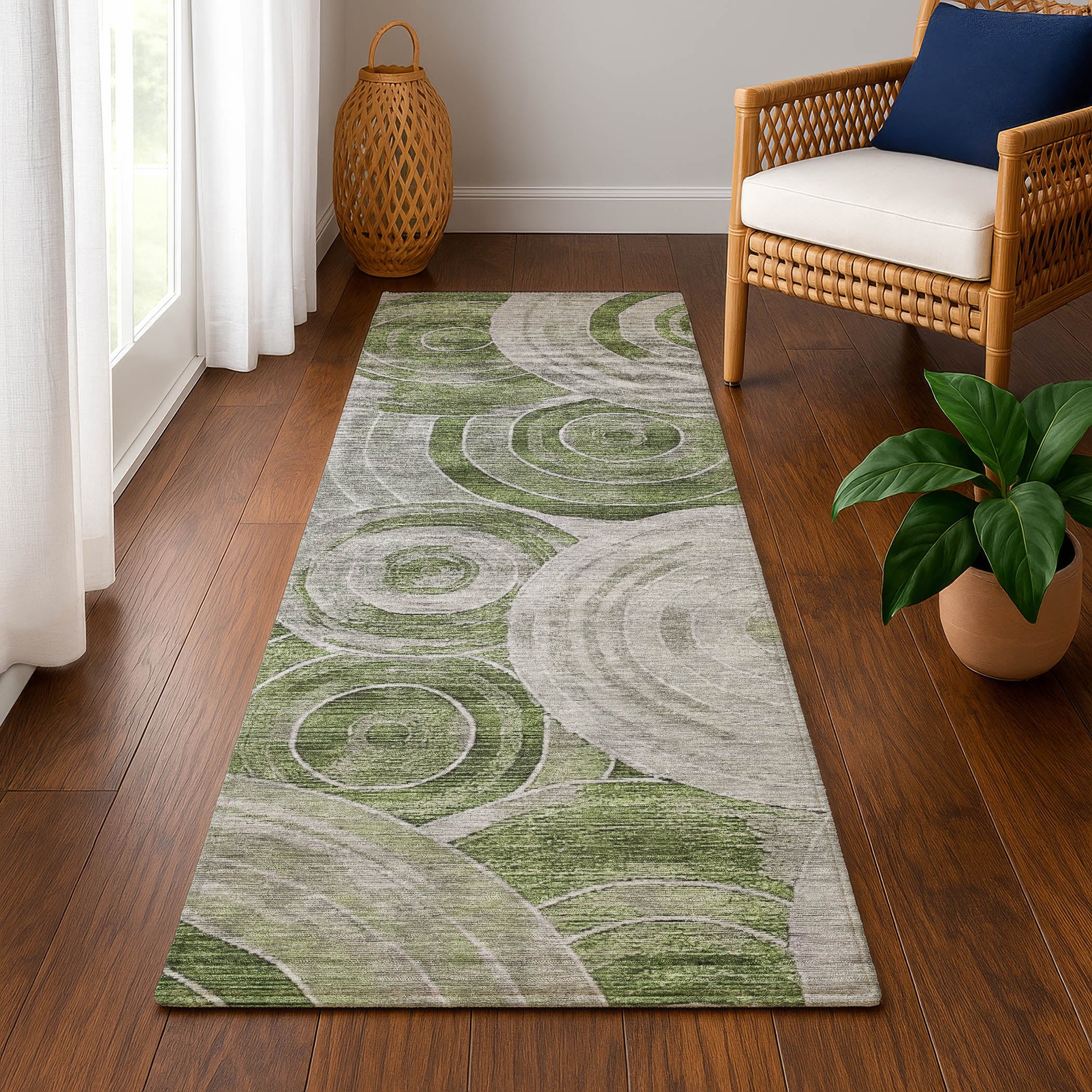 Colombo Machine Washable Transitional Aloe Green Rug 2'3" x 7'6" #shape_Runner