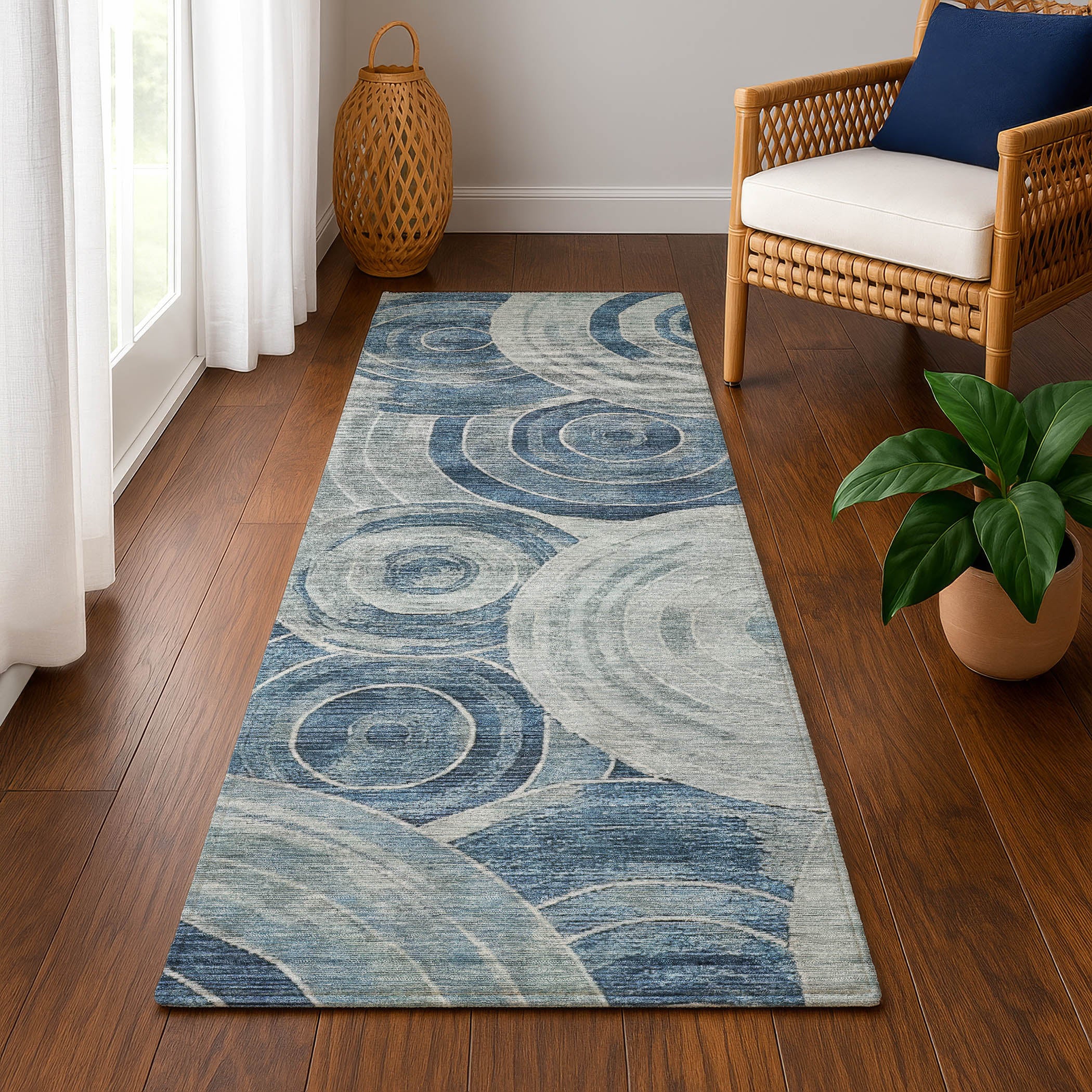 Colombo Machine Washable Transitional Blue Rug 2'3" x 7'6" #shape_Runner