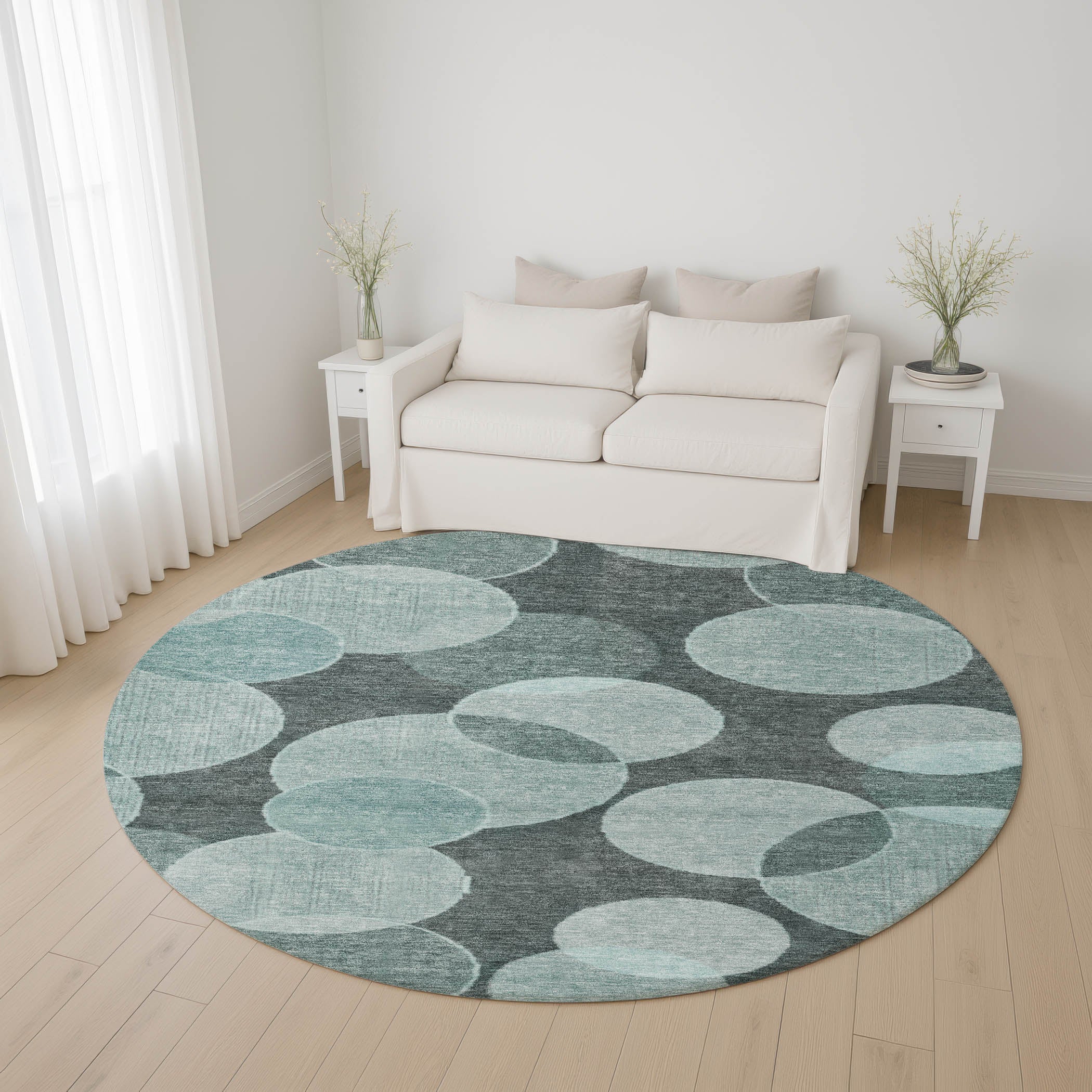 Colombo Machine Washable Transitional Teal Rug 8' x 8' #shape_Round