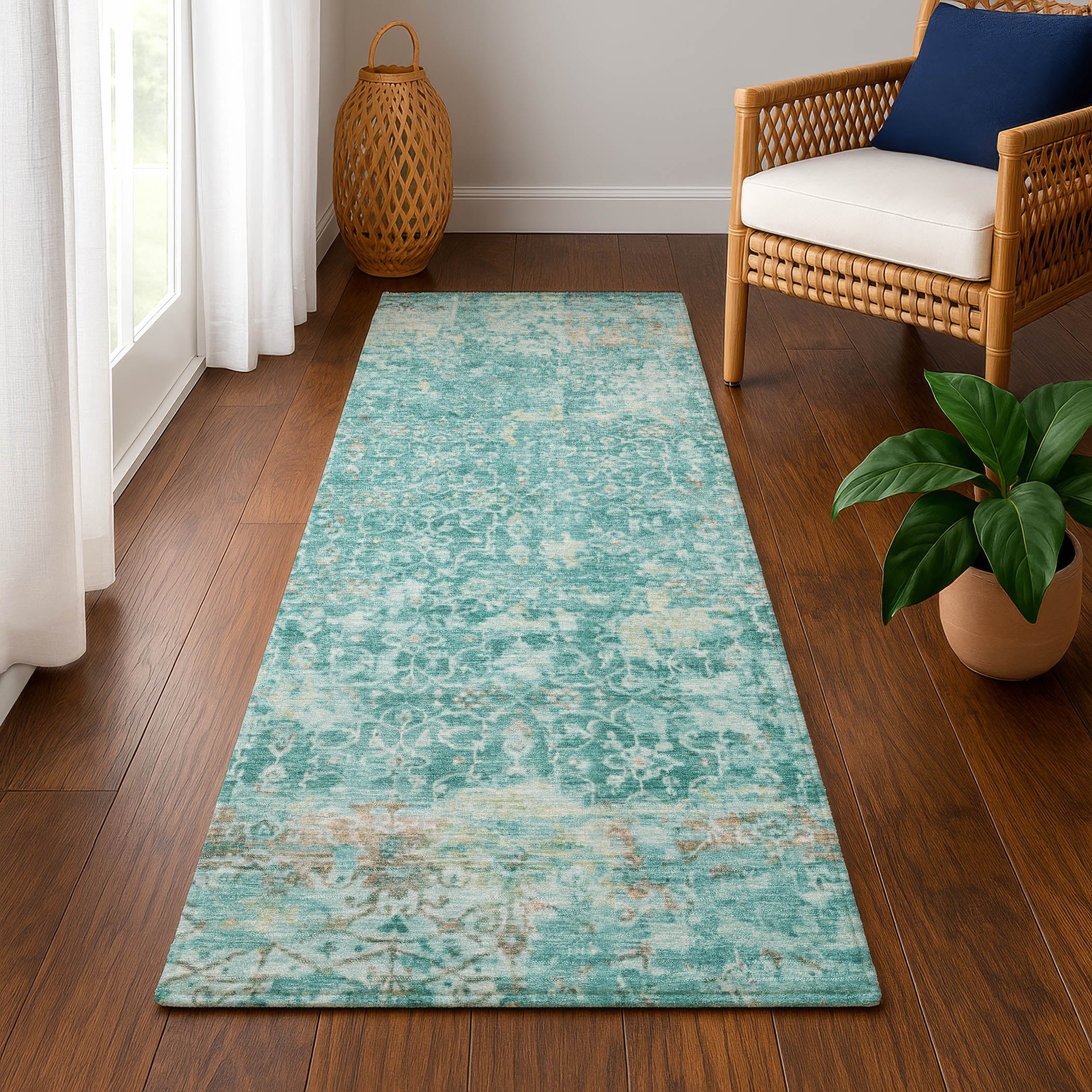 Reykjavik Machine Washable Transitional Teal Rug 2'3" x 7'6" #shape_Runner