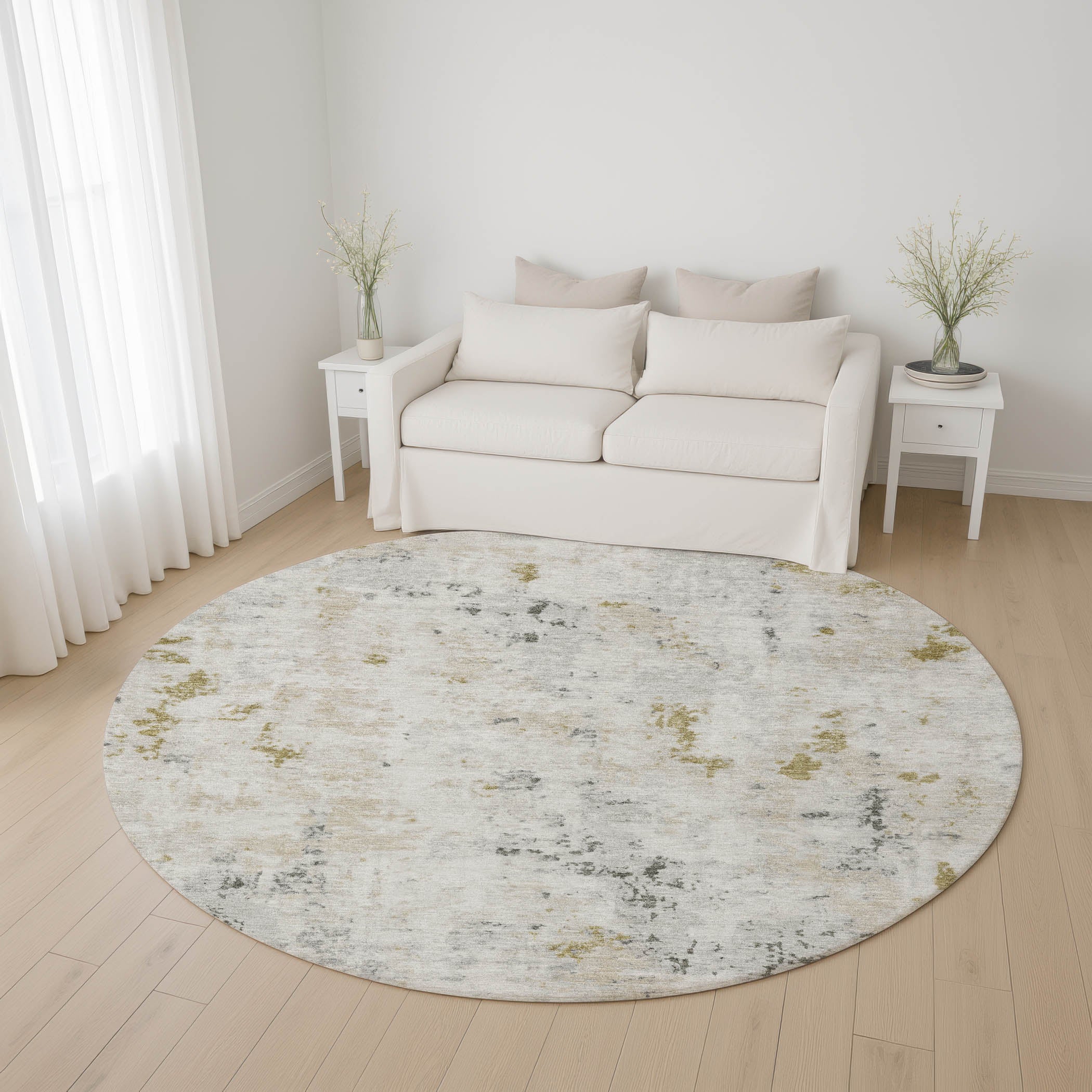 Chiang Mai Machine Washable Transitional Linen Ivory Rug 8' x 8' #shape_Round