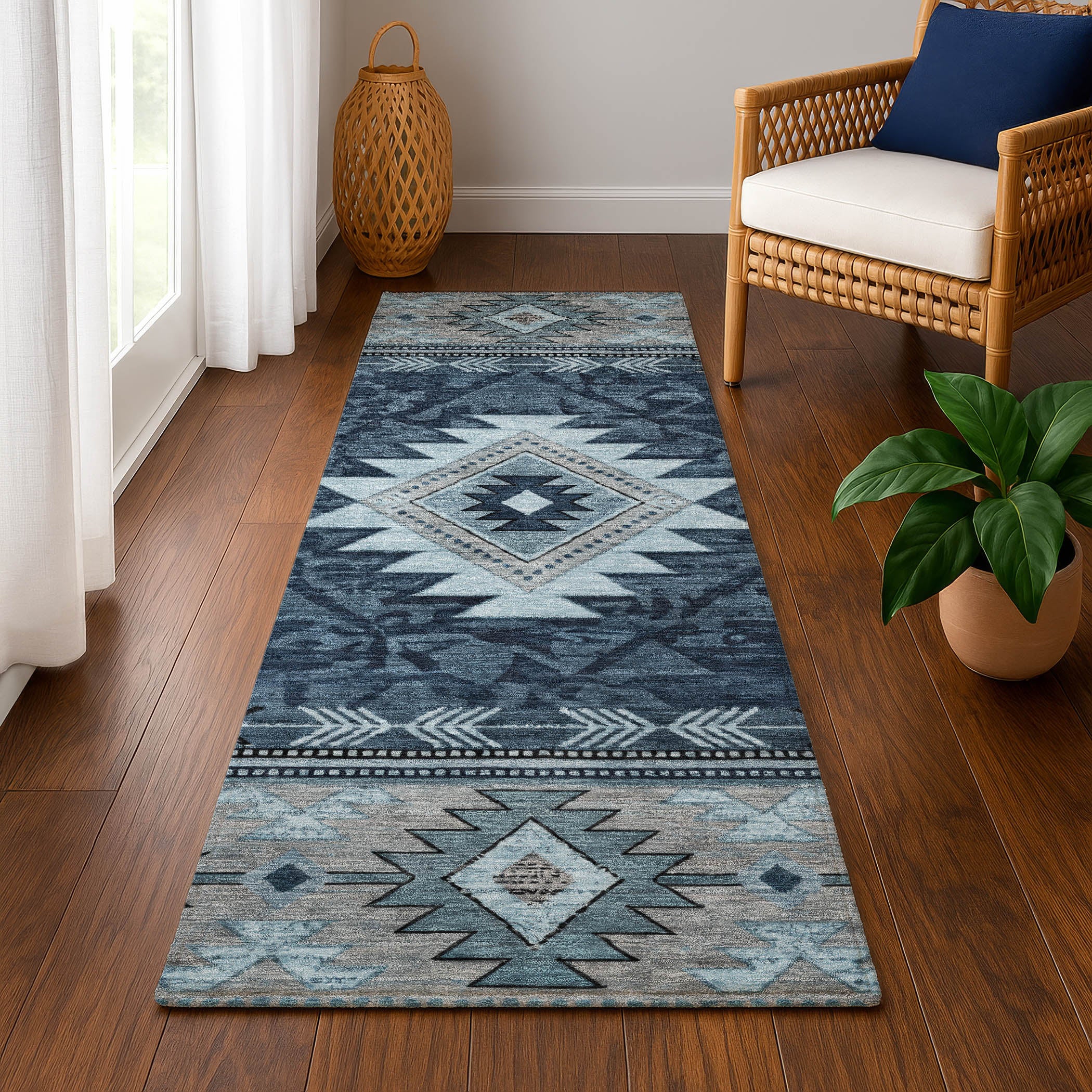 Valletta Machine Washable Transitional Blue Rug 2'3" x 7'6" #shape_Runner