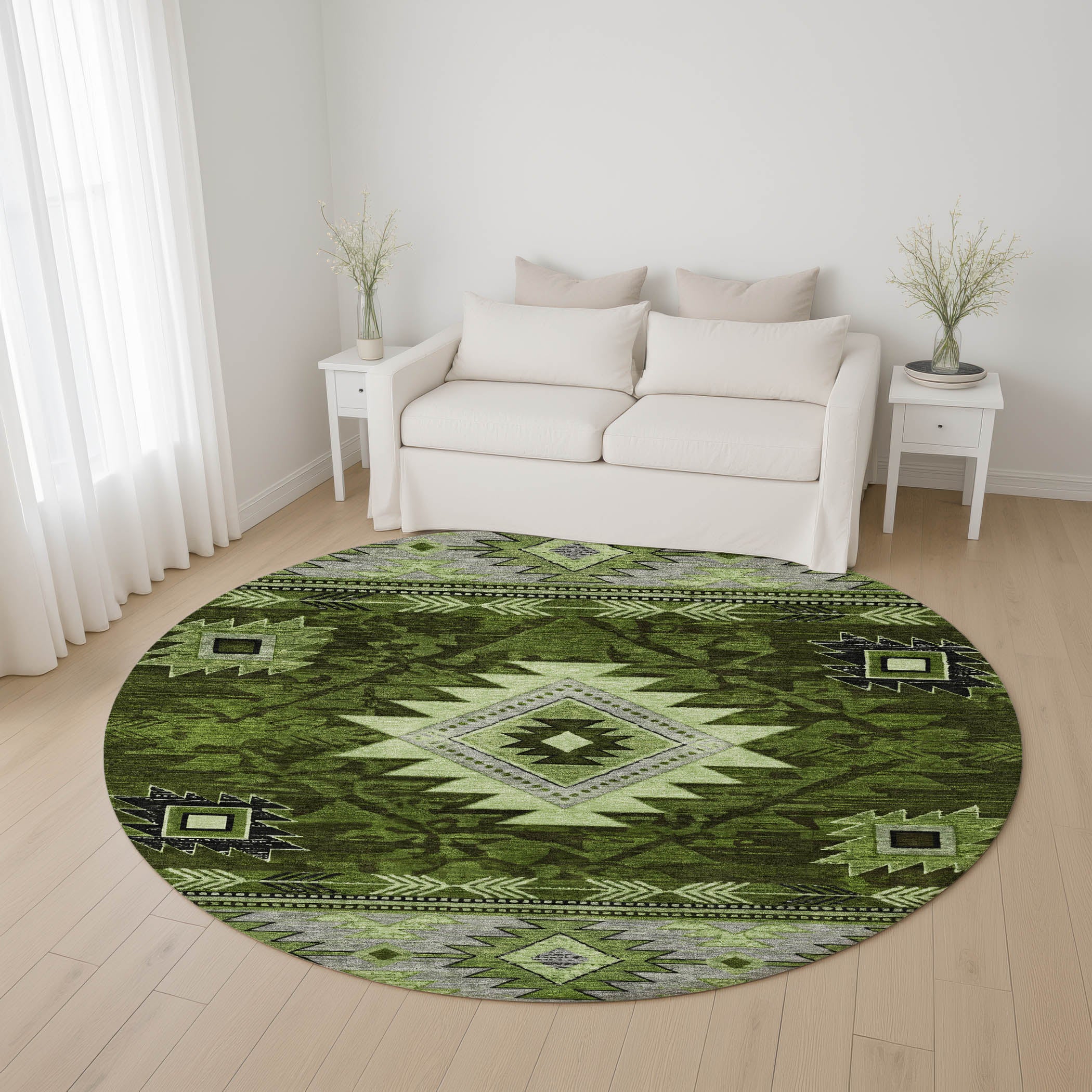 Valletta Machine Washable Transitional Olive Green Rug 8' x 8' #shape_Round
