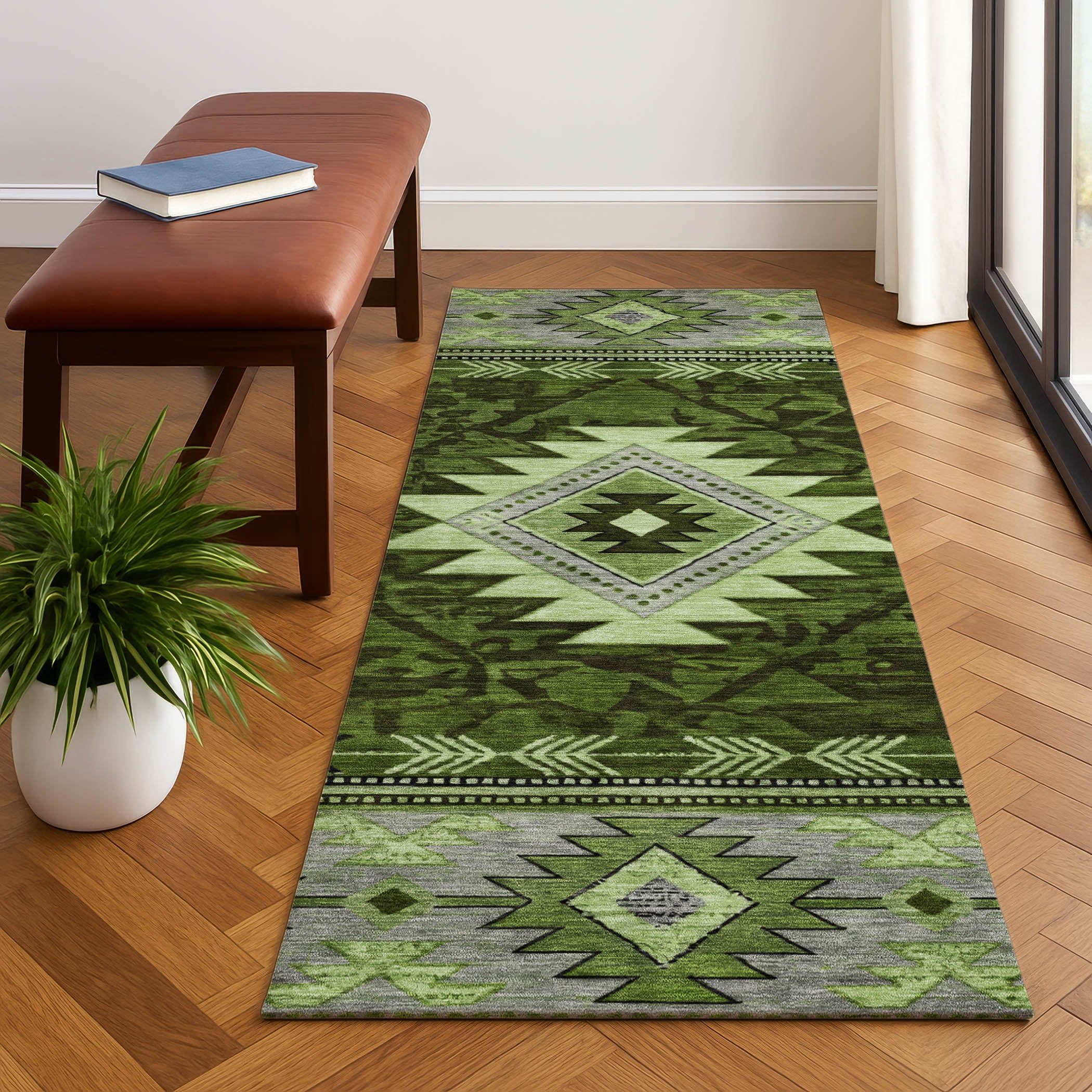 Valletta Machine Washable Transitional Olive Green Rug 2'3" x 7'6" #shape_Runner