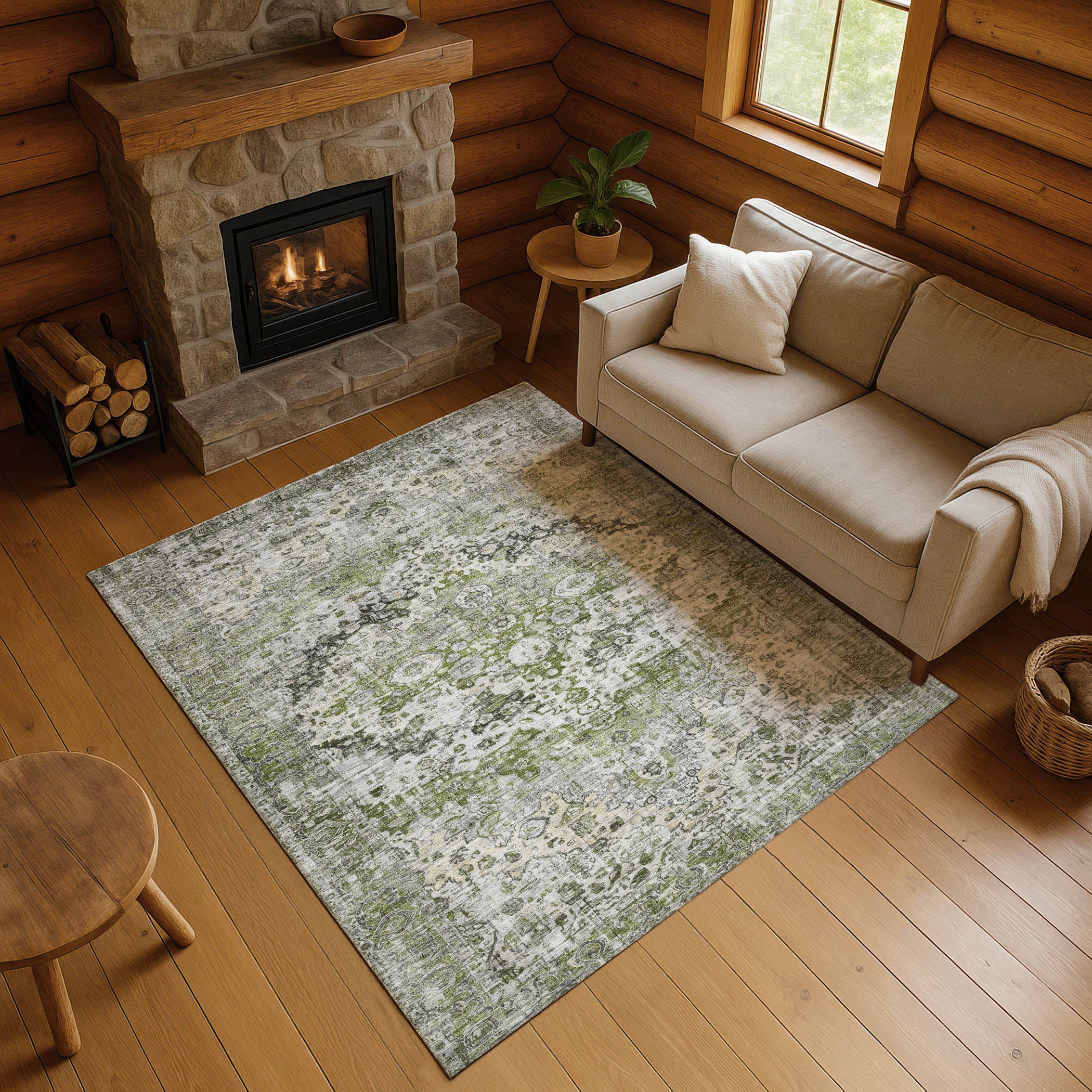 Kotor Machine Washable Traditional Aloe Green Rug 2'6" x 3'10" #shape_Rectangle