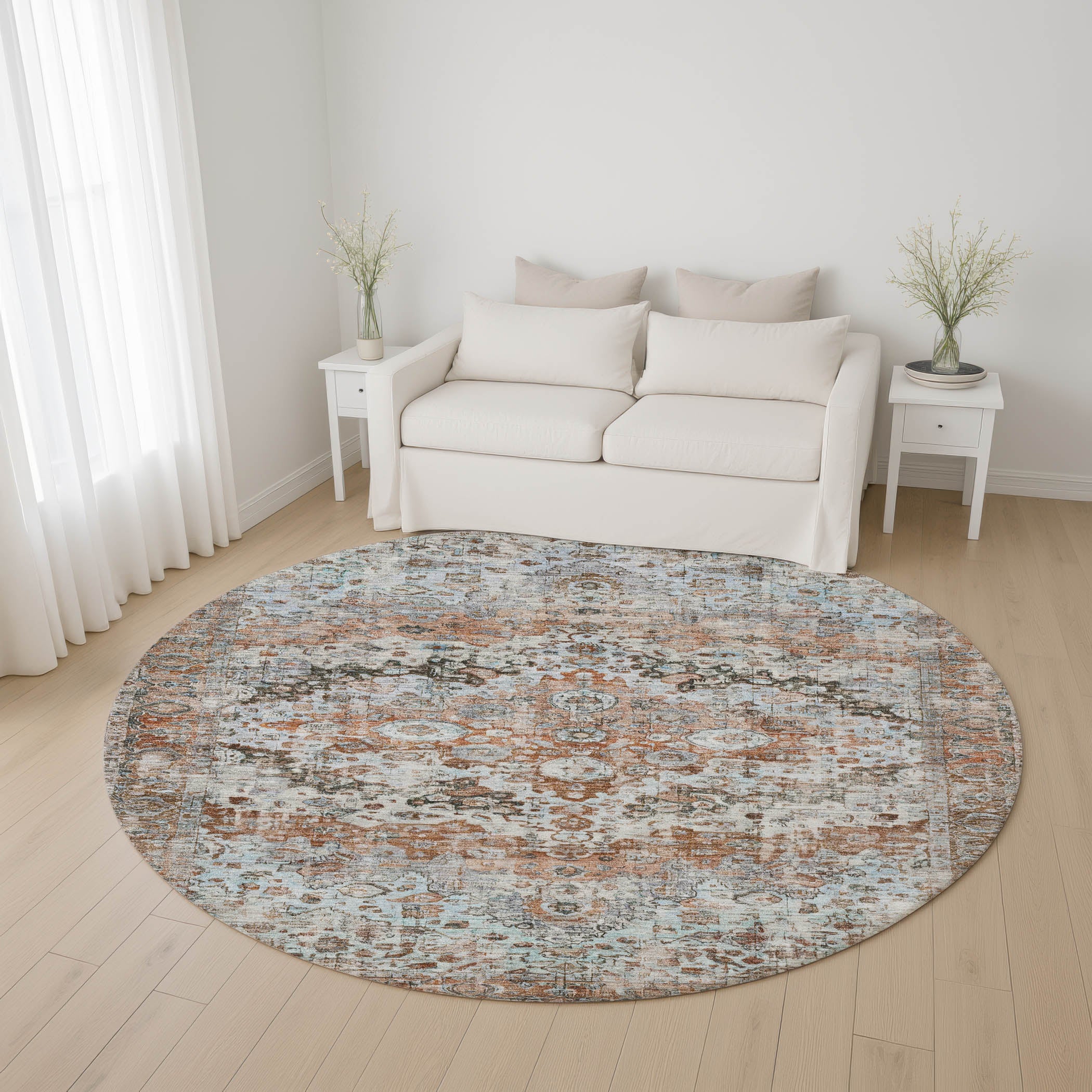 Kotor Machine Washable Traditional Paprika Orange Rug 8' x 8' #shape_Round