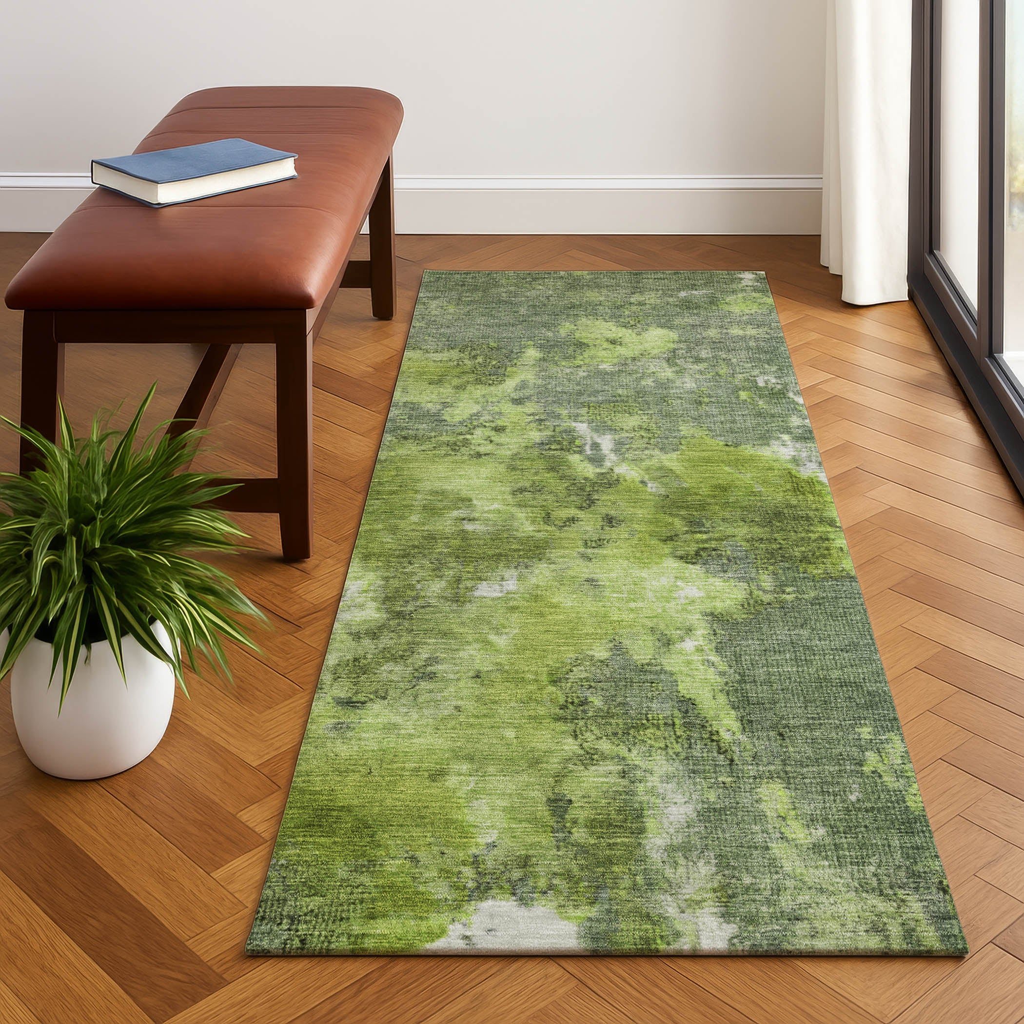 Queenstown Machine Washable Transitional Aloe Green Rug 2'3" x 7'6" #shape_Runner