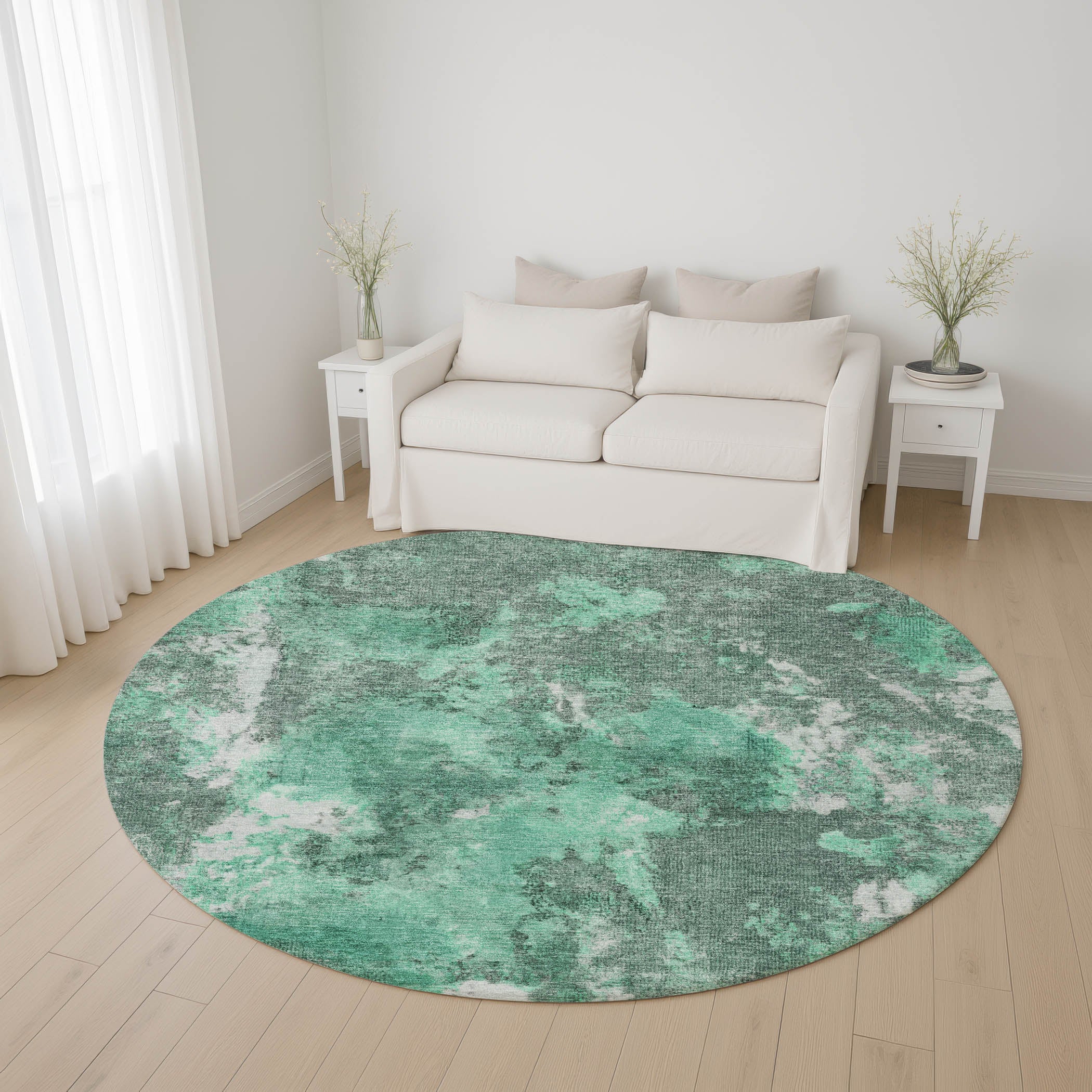 Queenstown Machine Washable Transitional Teal Rug 8' x 8' #shape_Round