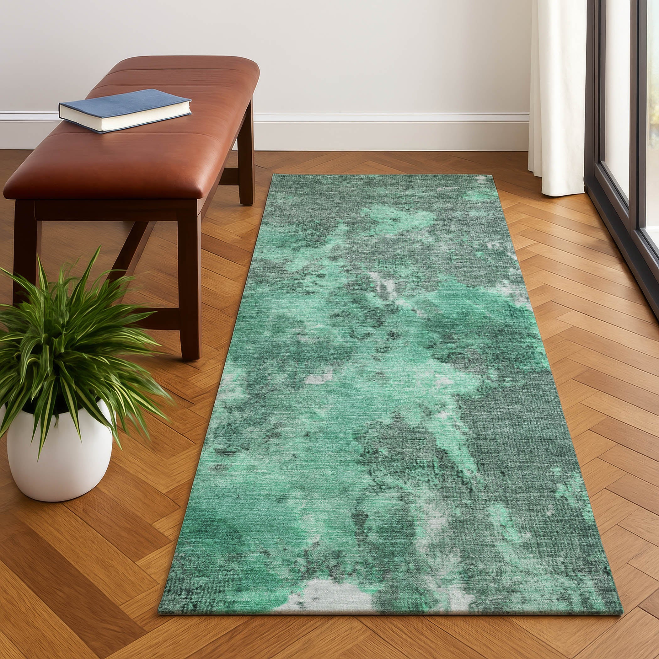 Queenstown Machine Washable Transitional Teal Rug 2'3" x 7'6" #shape_Runner