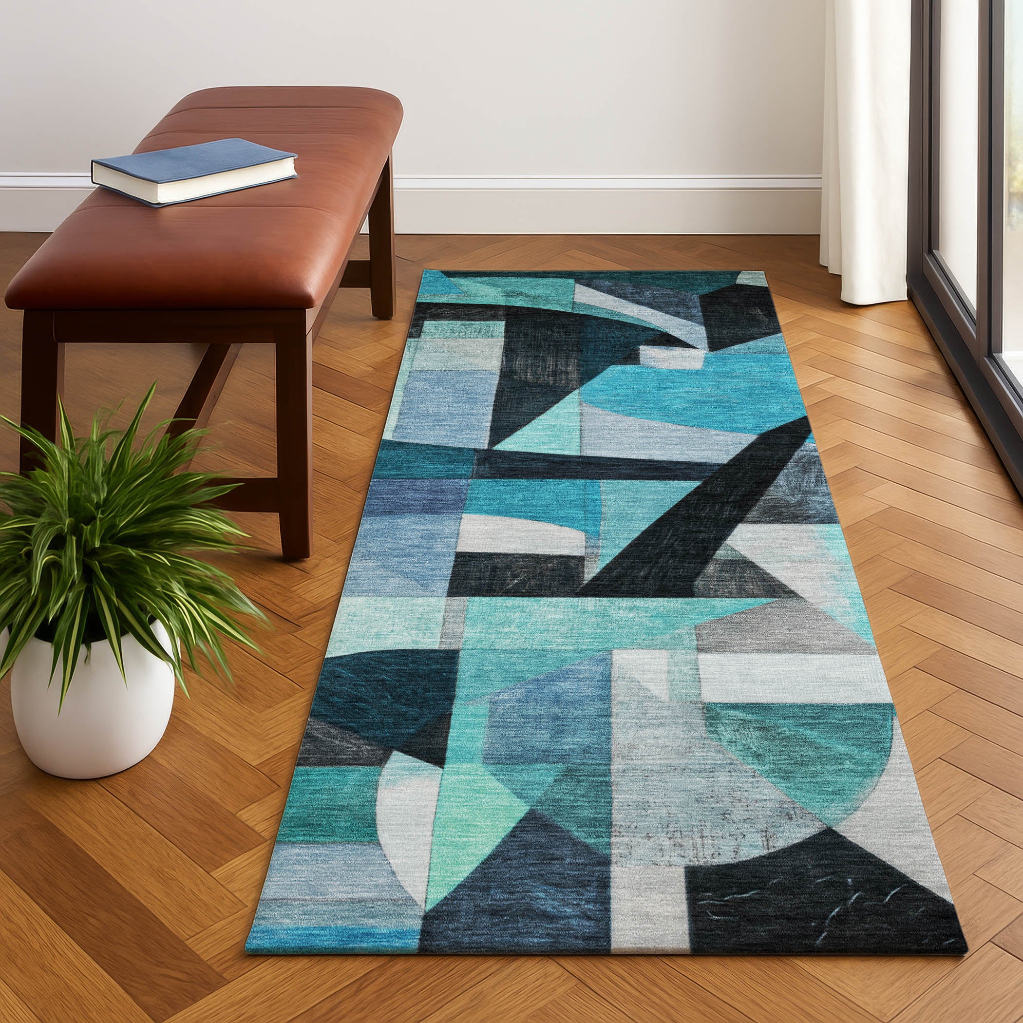 Lucerne Machine Washable Transitional Teal Rug 2'3" x 7'6" #shape_Runner