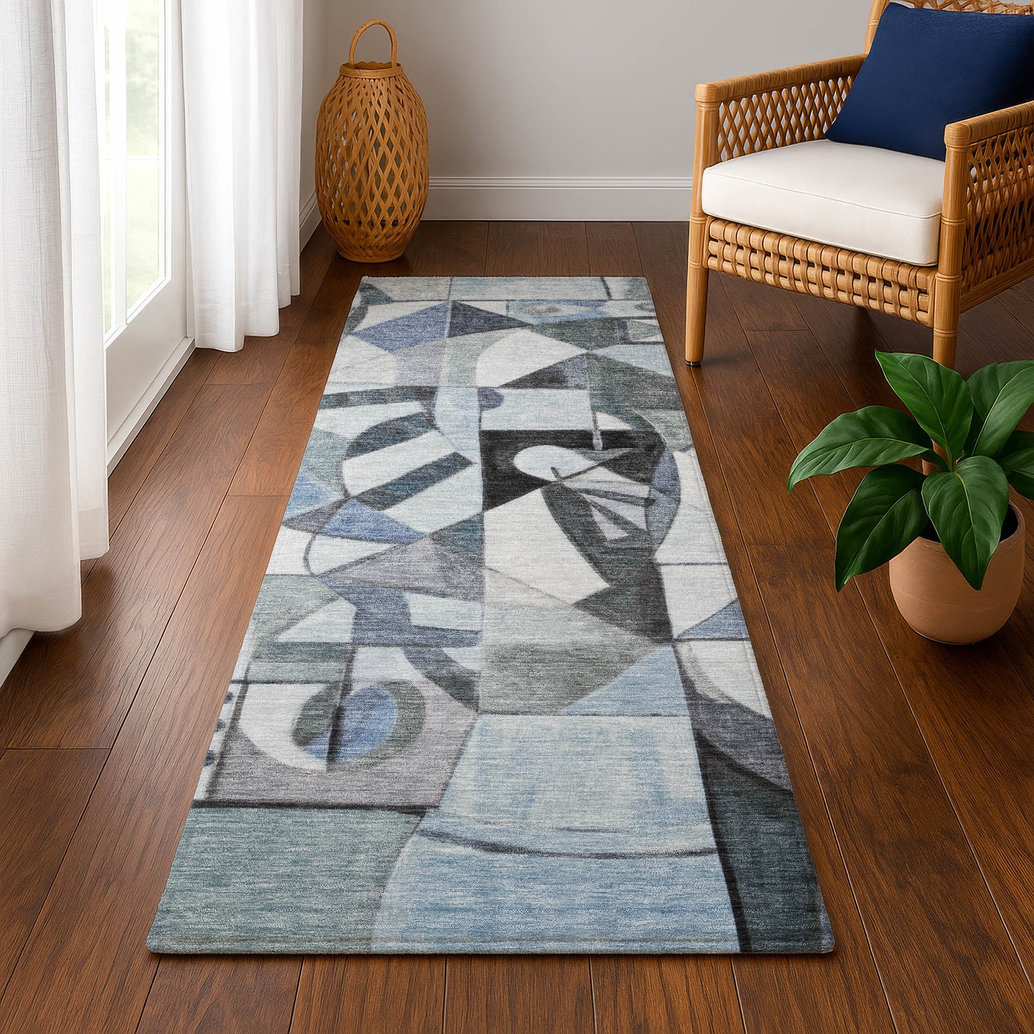Queenstown Machine Washable Transitional Denim Blue Rug 2'3" x 7'6" #shape_Runner