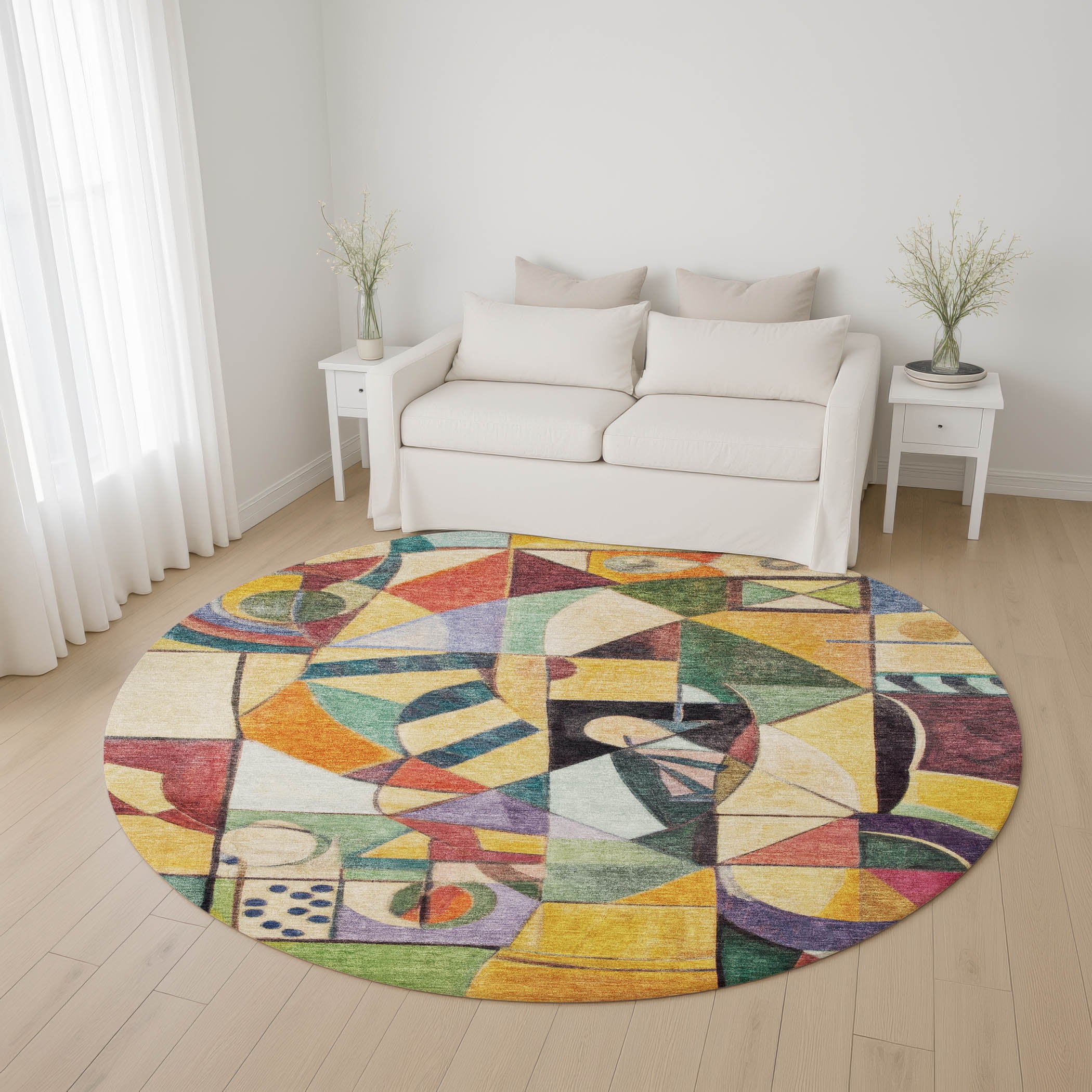 Queenstown Machine Washable Transitional Gold Rug 8' x 8' #shape_Round