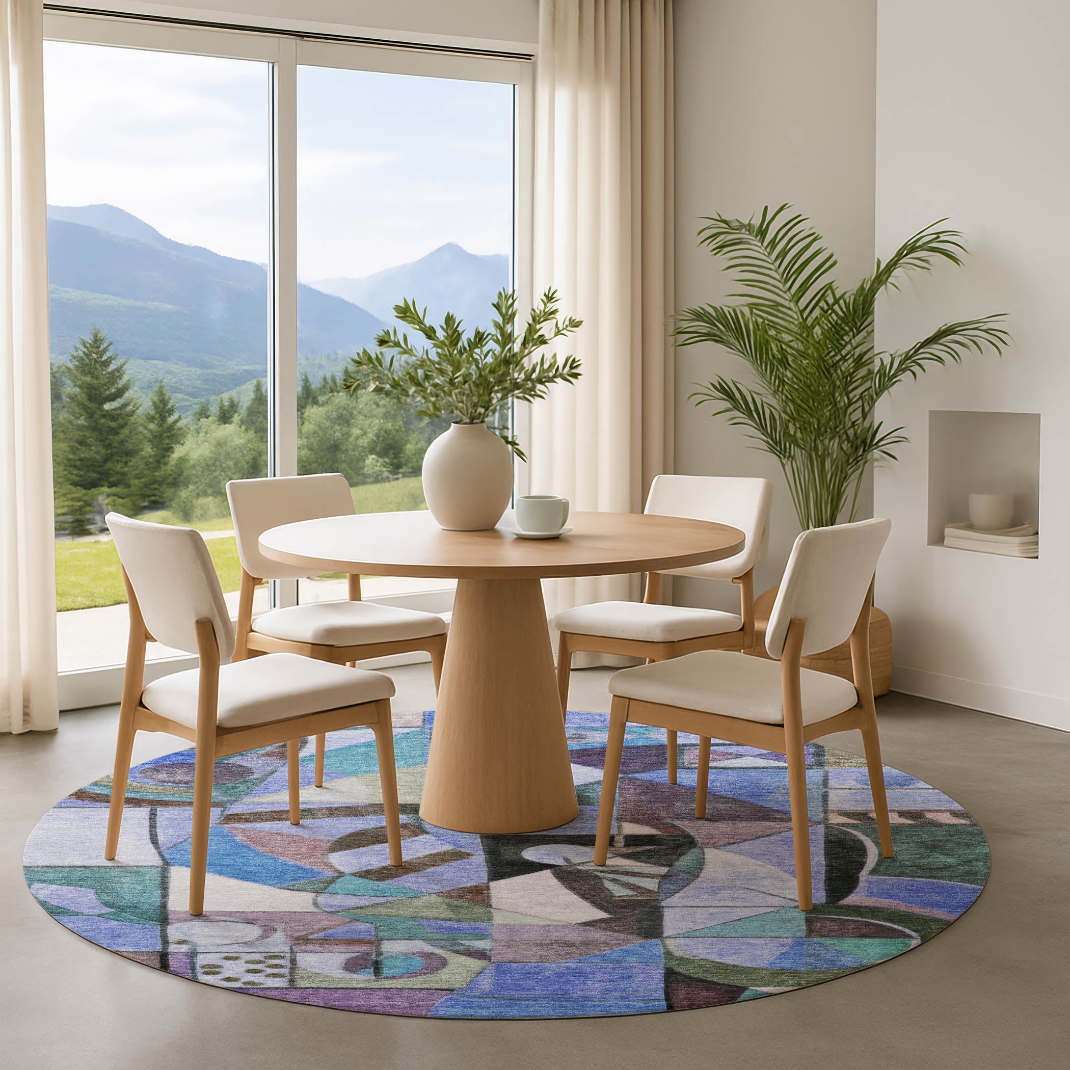 Queenstown Machine Washable Transitional Green Rug 8' x 8' #shape_Round