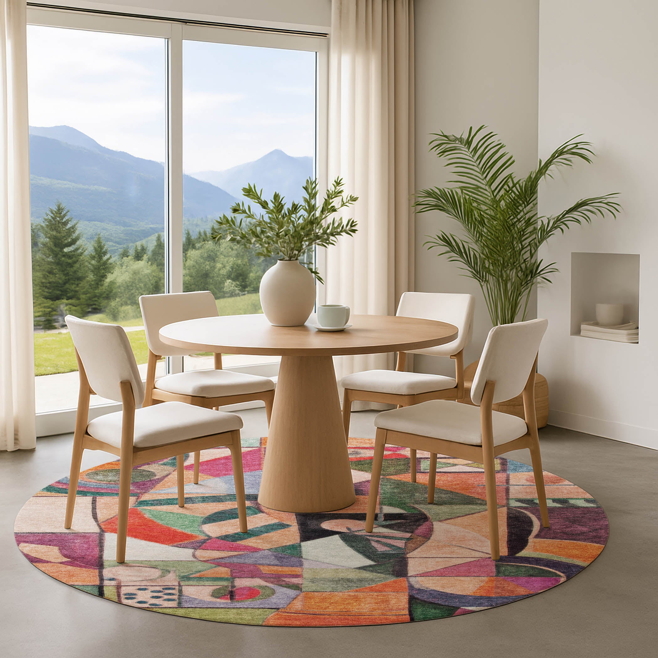 Queenstown Machine Washable Transitional Orange Rug 8' x 8' #shape_Round
