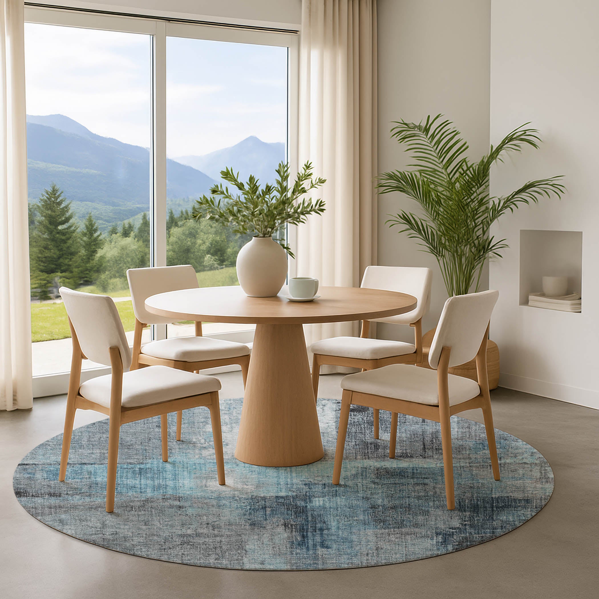 Luang Prabang Machine Washable Transitional Blue Rug 8' x 8' #shape_Round