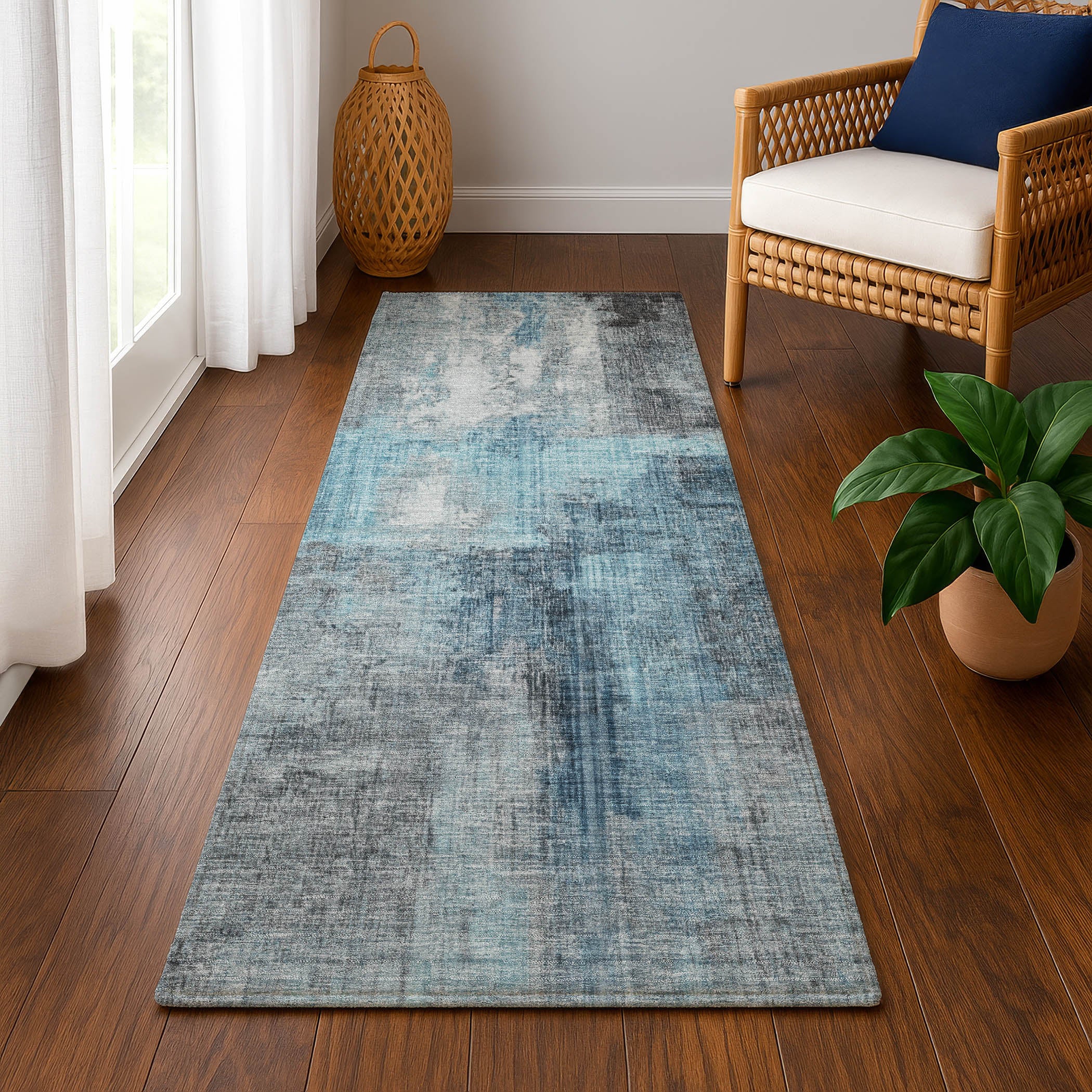 Luang Prabang Machine Washable Transitional Blue Rug 2'3" x 7'6" #shape_Runner