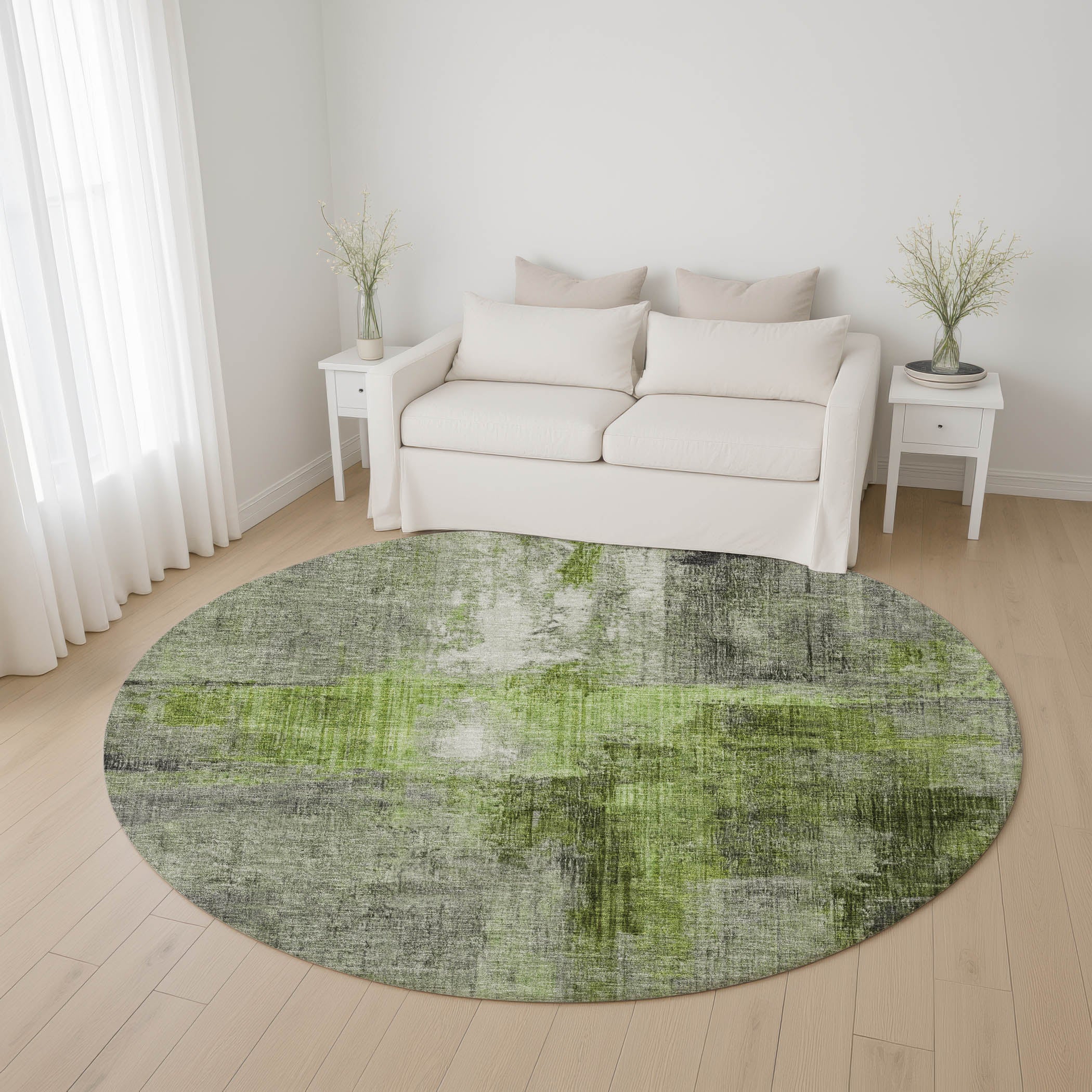 Luang Prabang Machine Washable Transitional Fern Green Rug 8' x 8' #shape_Round