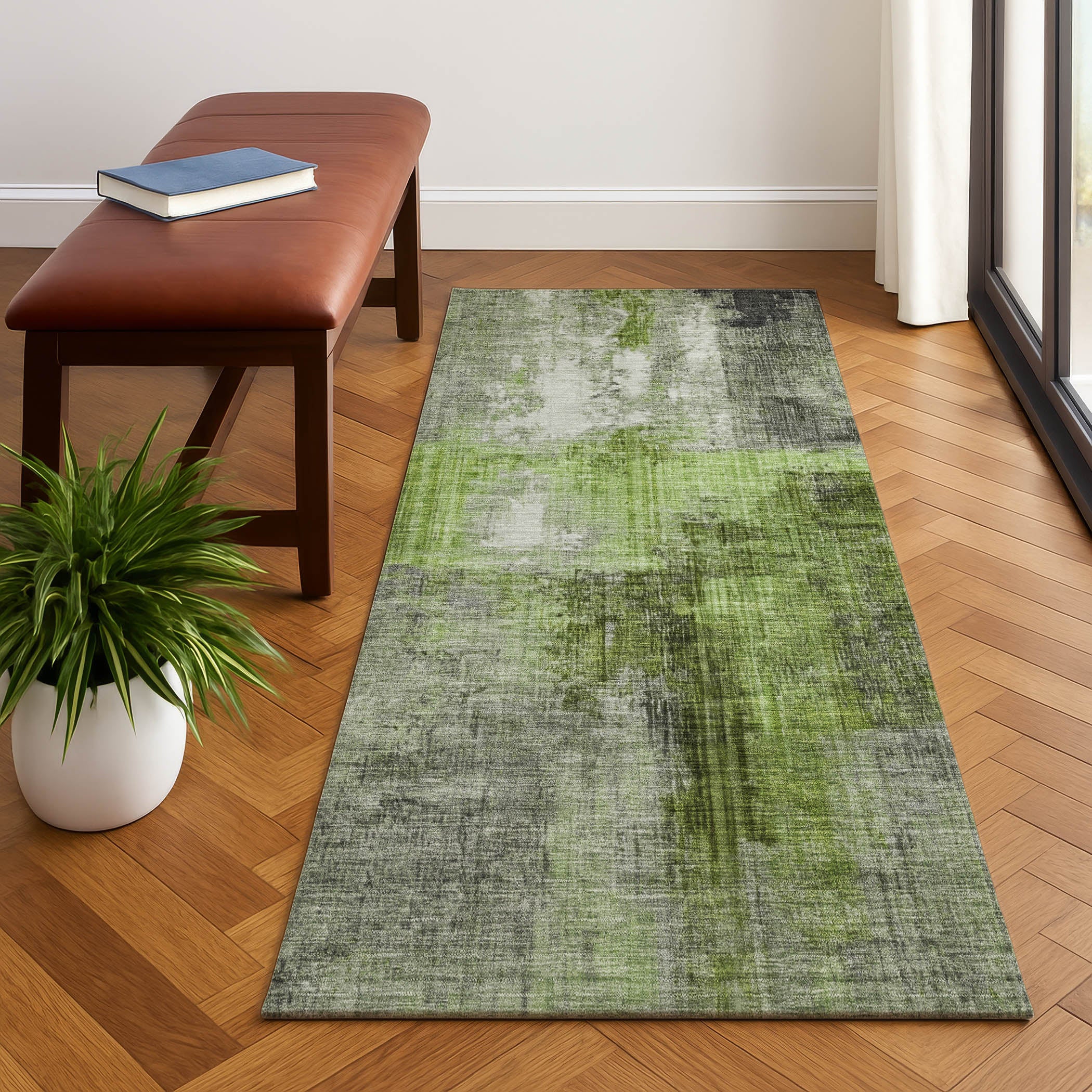 Luang Prabang Machine Washable Transitional Fern Green Rug 2'3" x 7'6" #shape_Runner