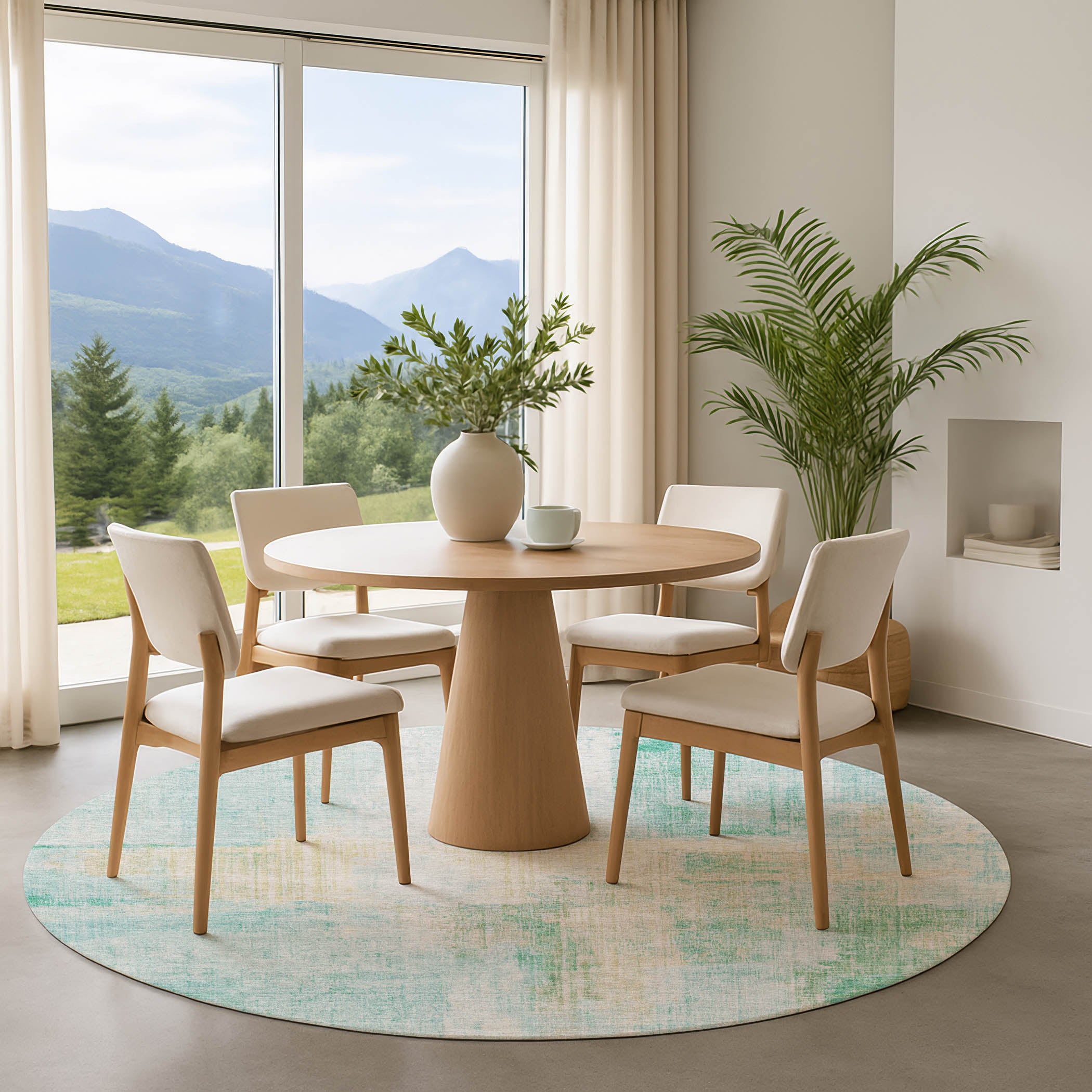 Luang Prabang Machine Washable Transitional Teal Rug 8' x 8' #shape_Round