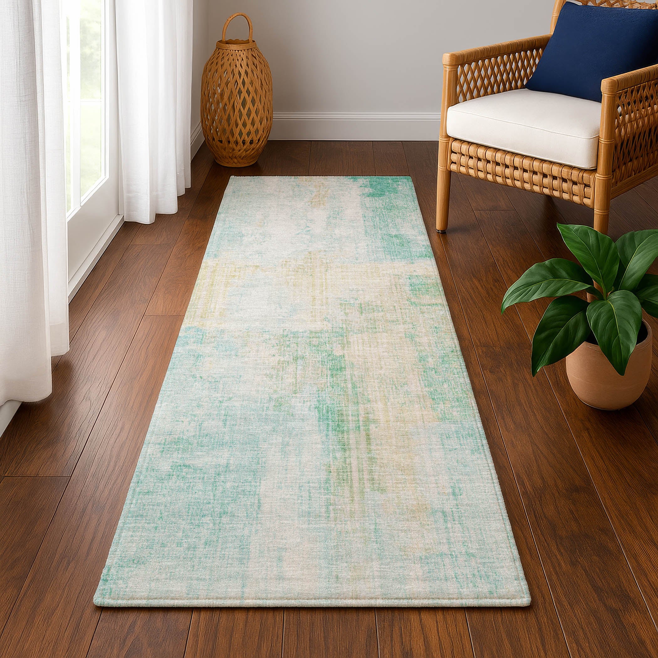 Luang Prabang Machine Washable Transitional Teal Rug 2'3" x 7'6" #shape_Runner