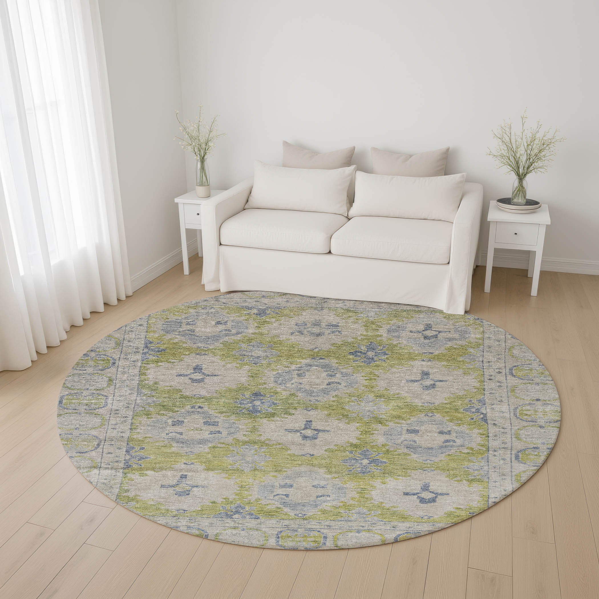 Chiang Mai Machine Washable Transitional Aloe Green Rug 8' x 8' #shape_Round