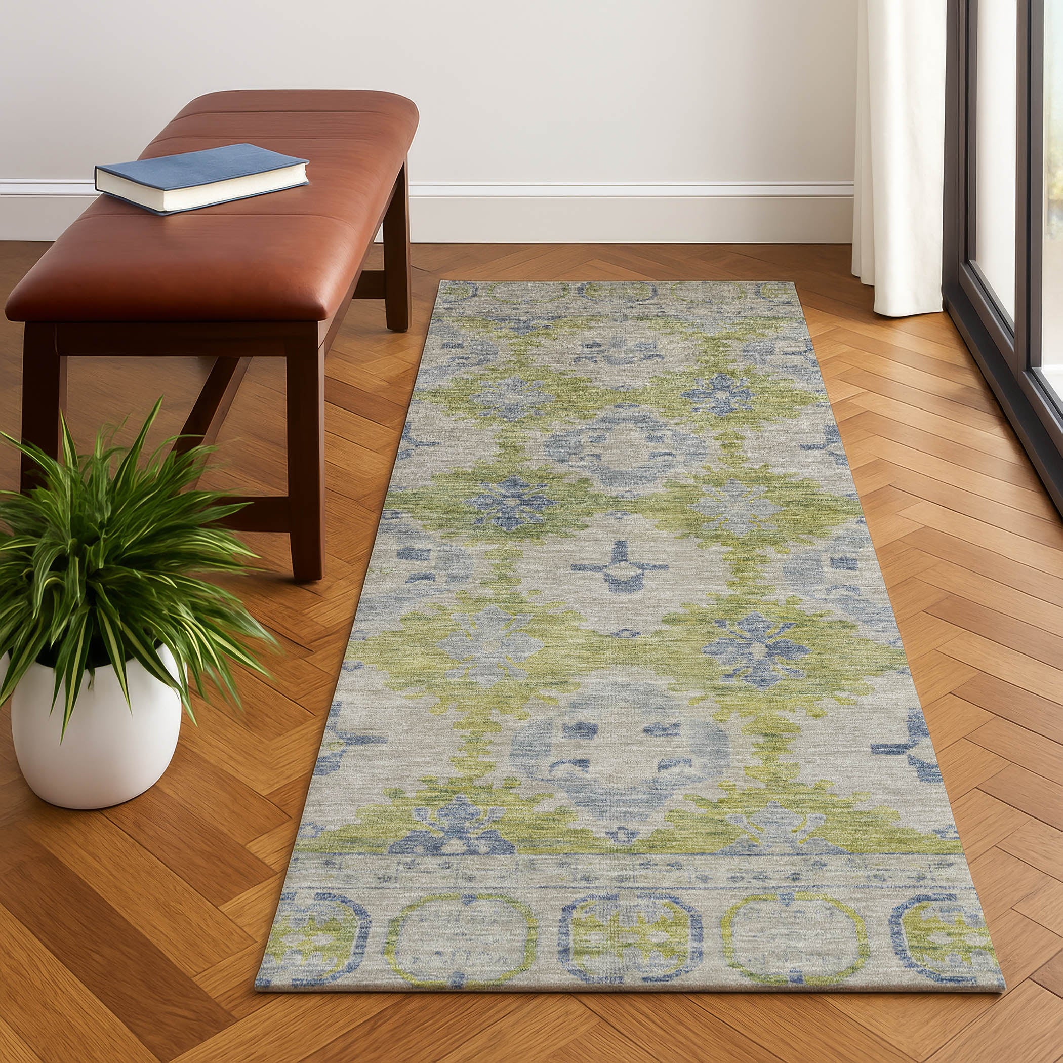 Chiang Mai Machine Washable Transitional Aloe Green Rug 2'3" x 7'6" #shape_Runner