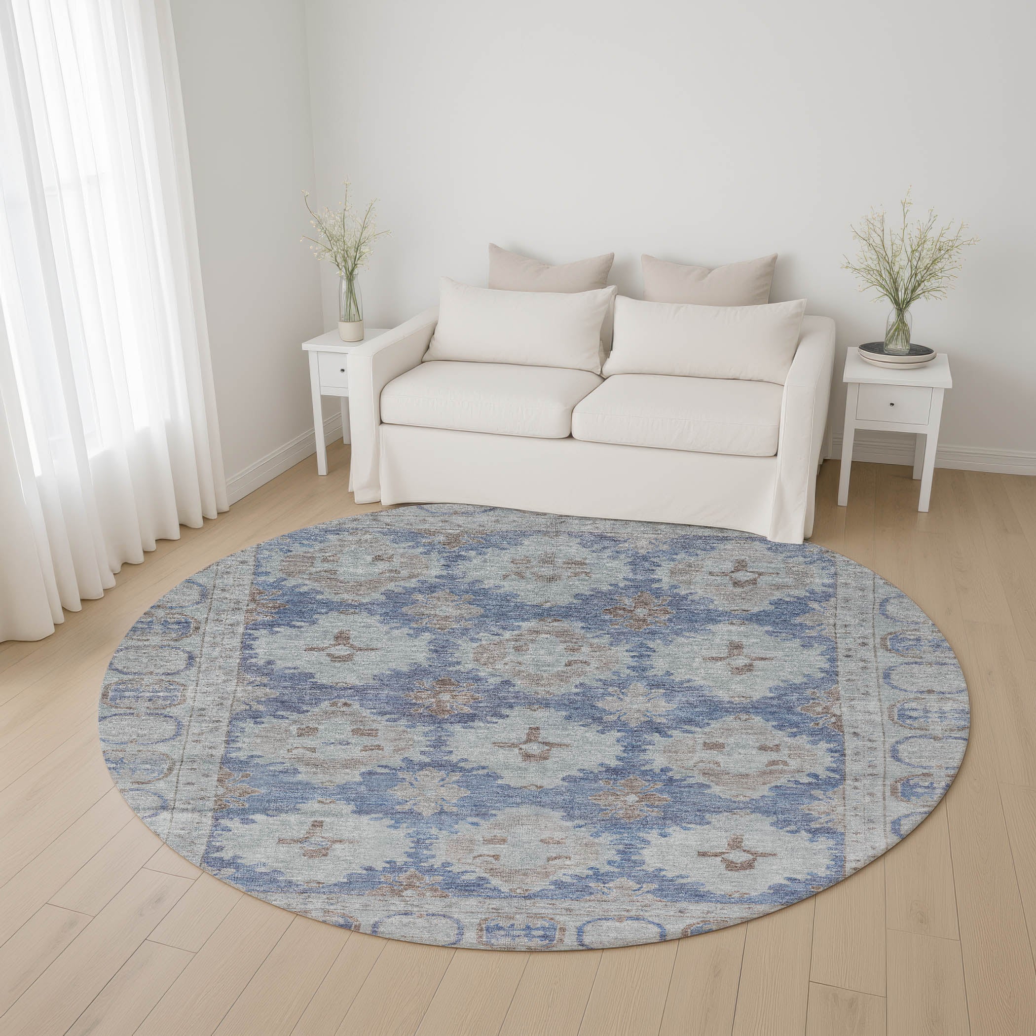 Chiang Mai Machine Washable Transitional Blue Rug 8' x 8' #shape_Round