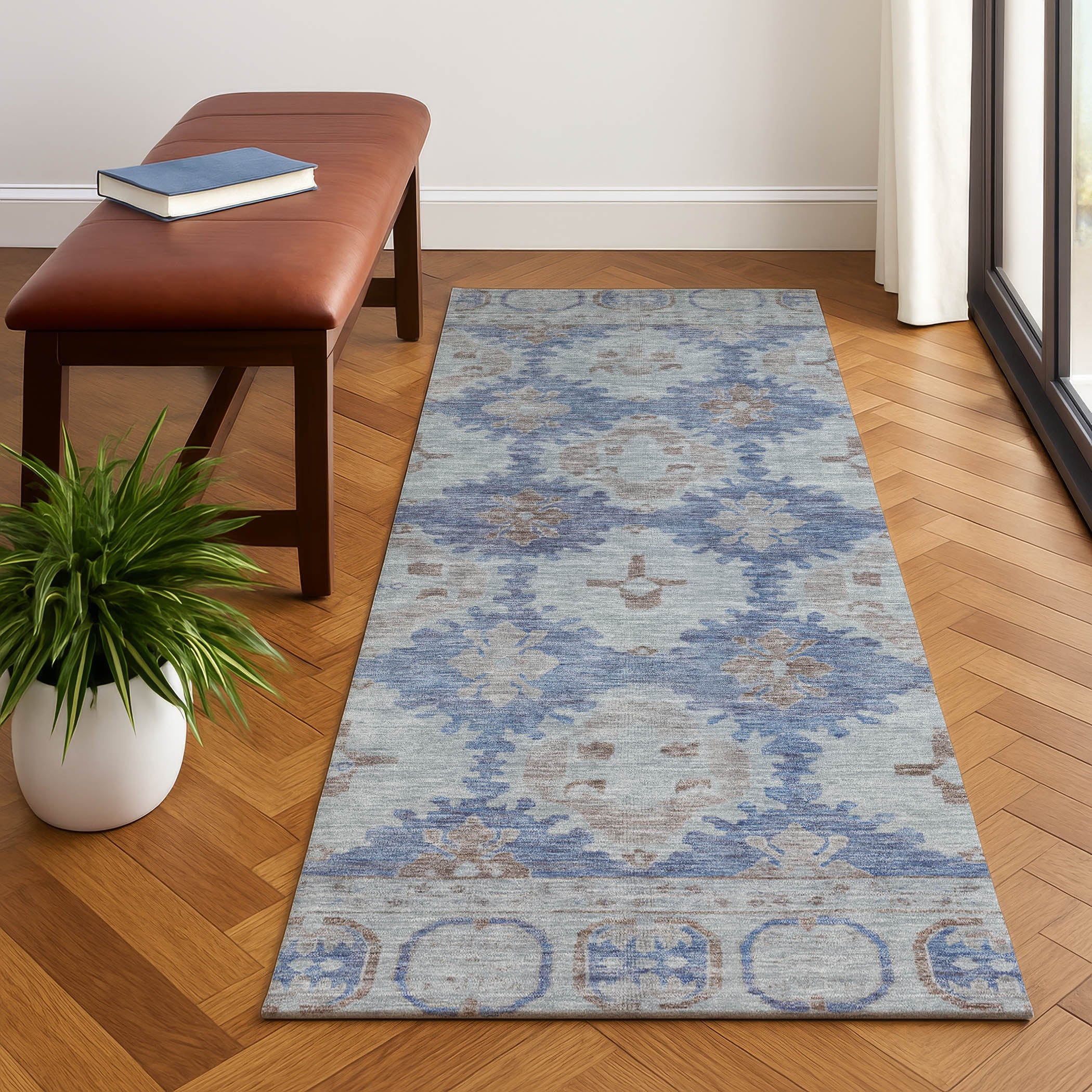 Chiang Mai Machine Washable Transitional Blue Rug 2'3" x 7'6" #shape_Runner