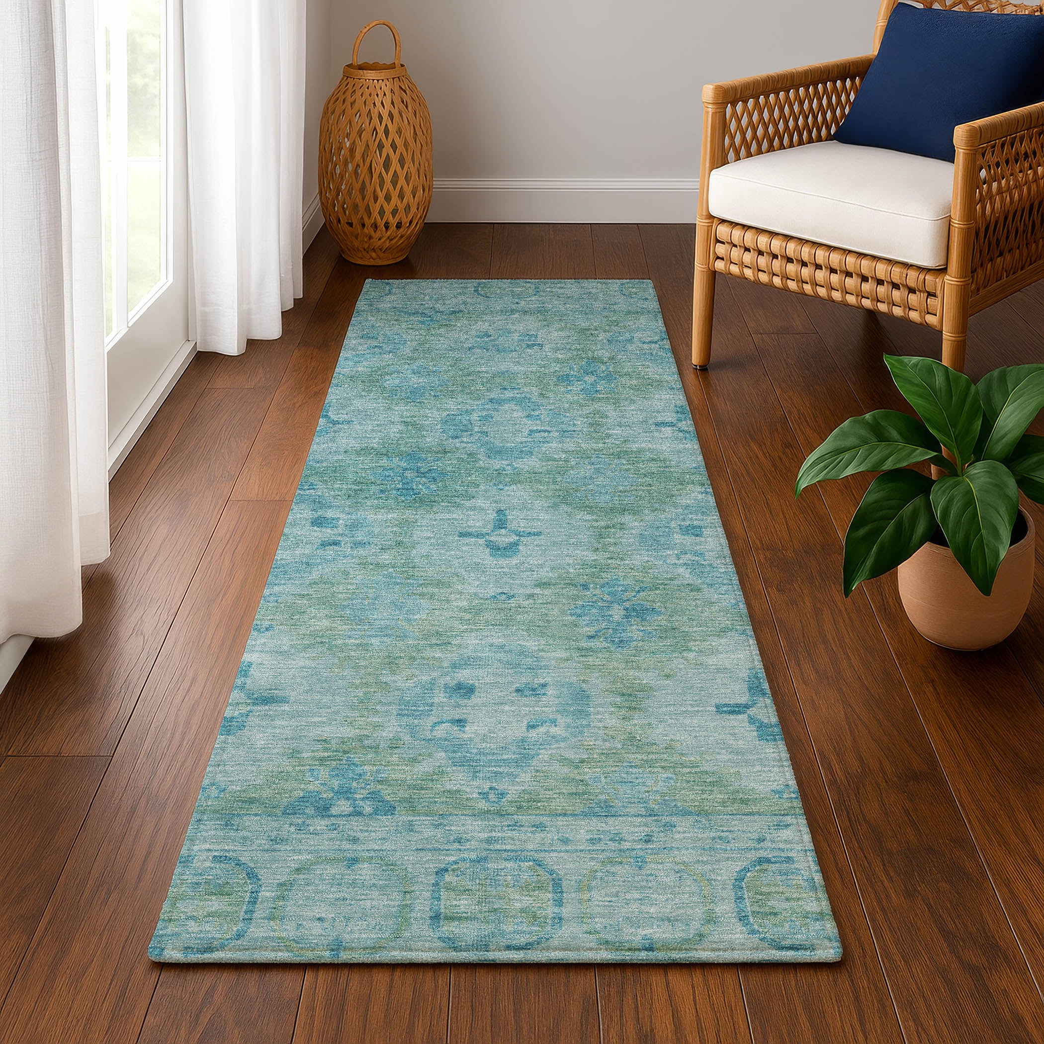 Chiang Mai Machine Washable Transitional Teal Rug 2'3" x 7'6" #shape_Runner