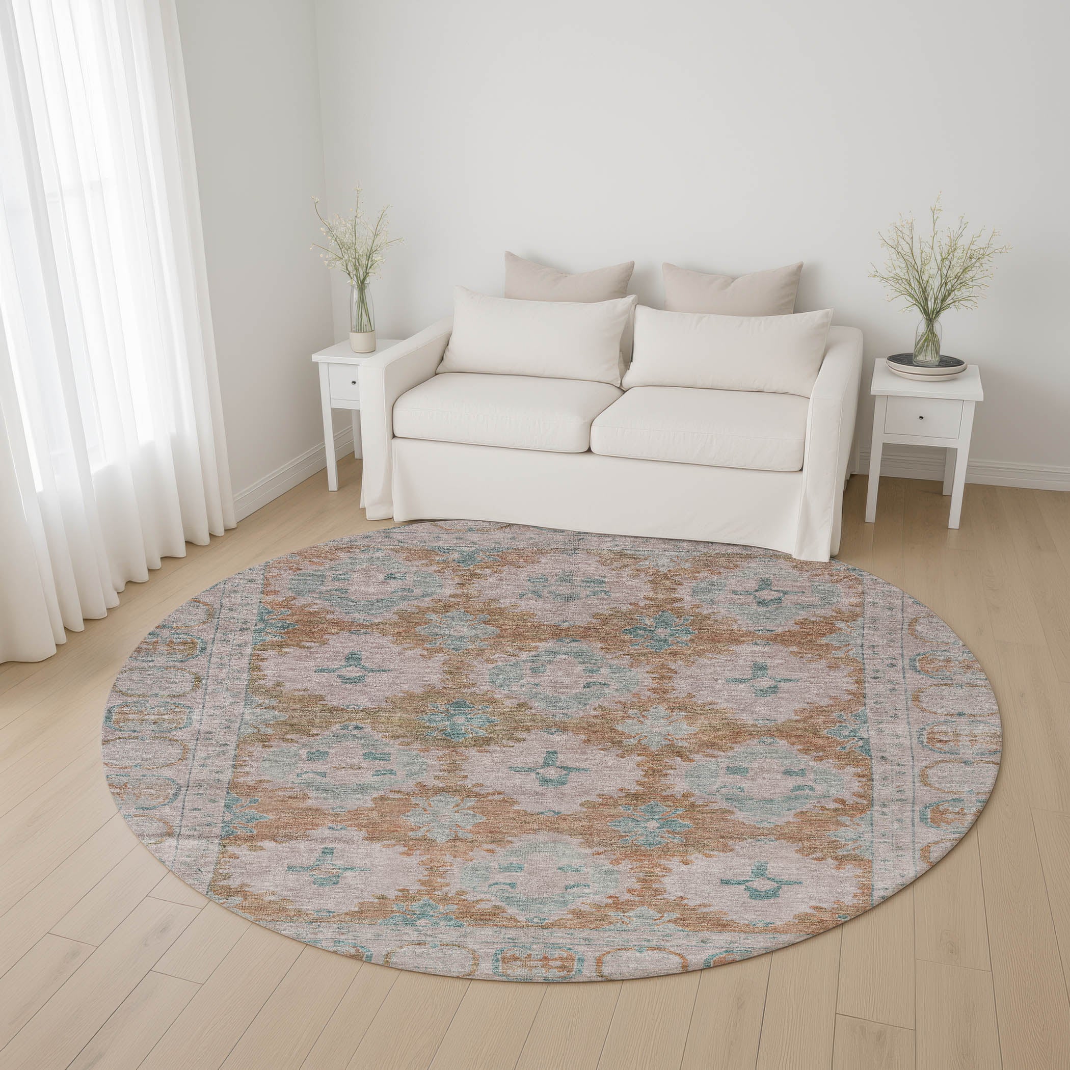 Chiang Mai Machine Washable Transitional Terracotta Orange Rug 8' x 8' #shape_Round