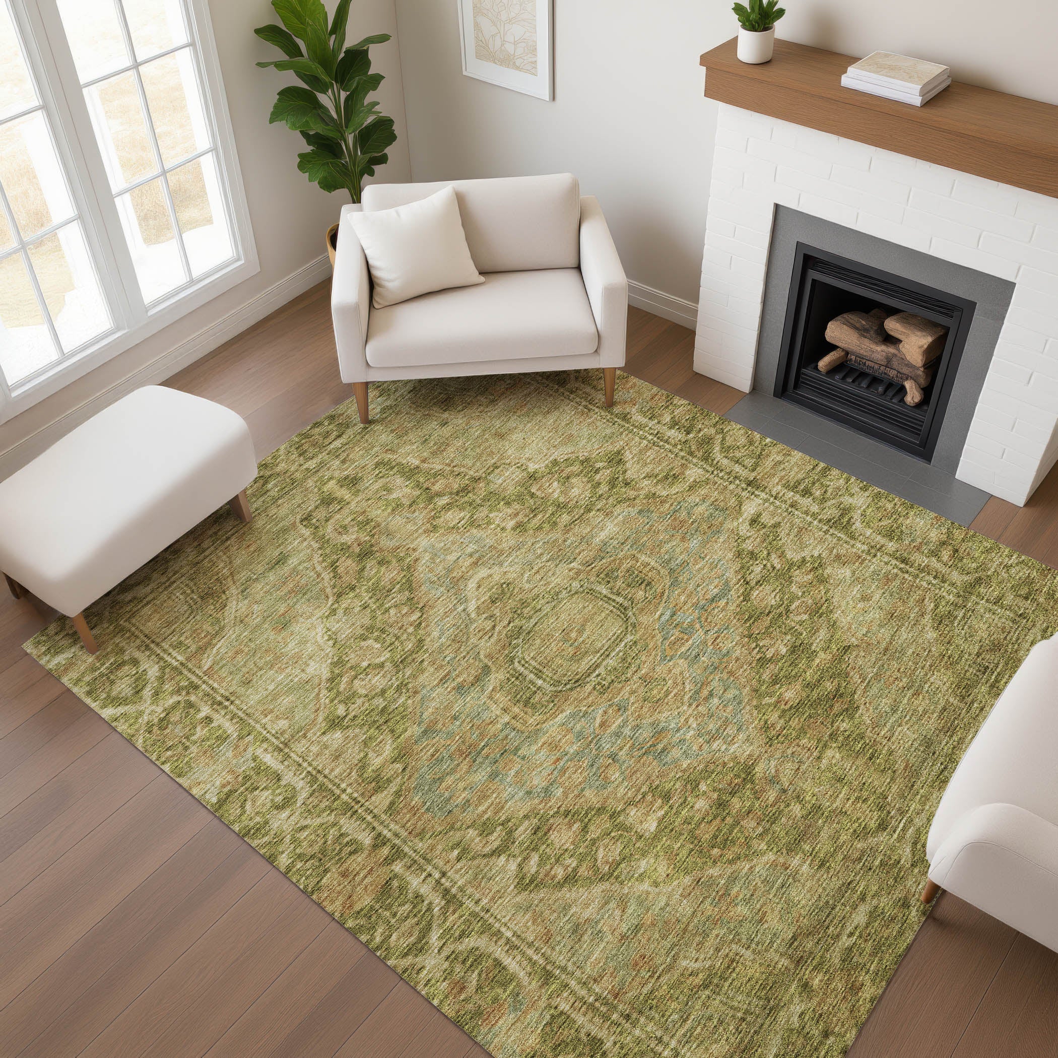 Porto Machine Washable Traditional Aloe Green Rug 2'6" x 3'10" #shape_Rectangle